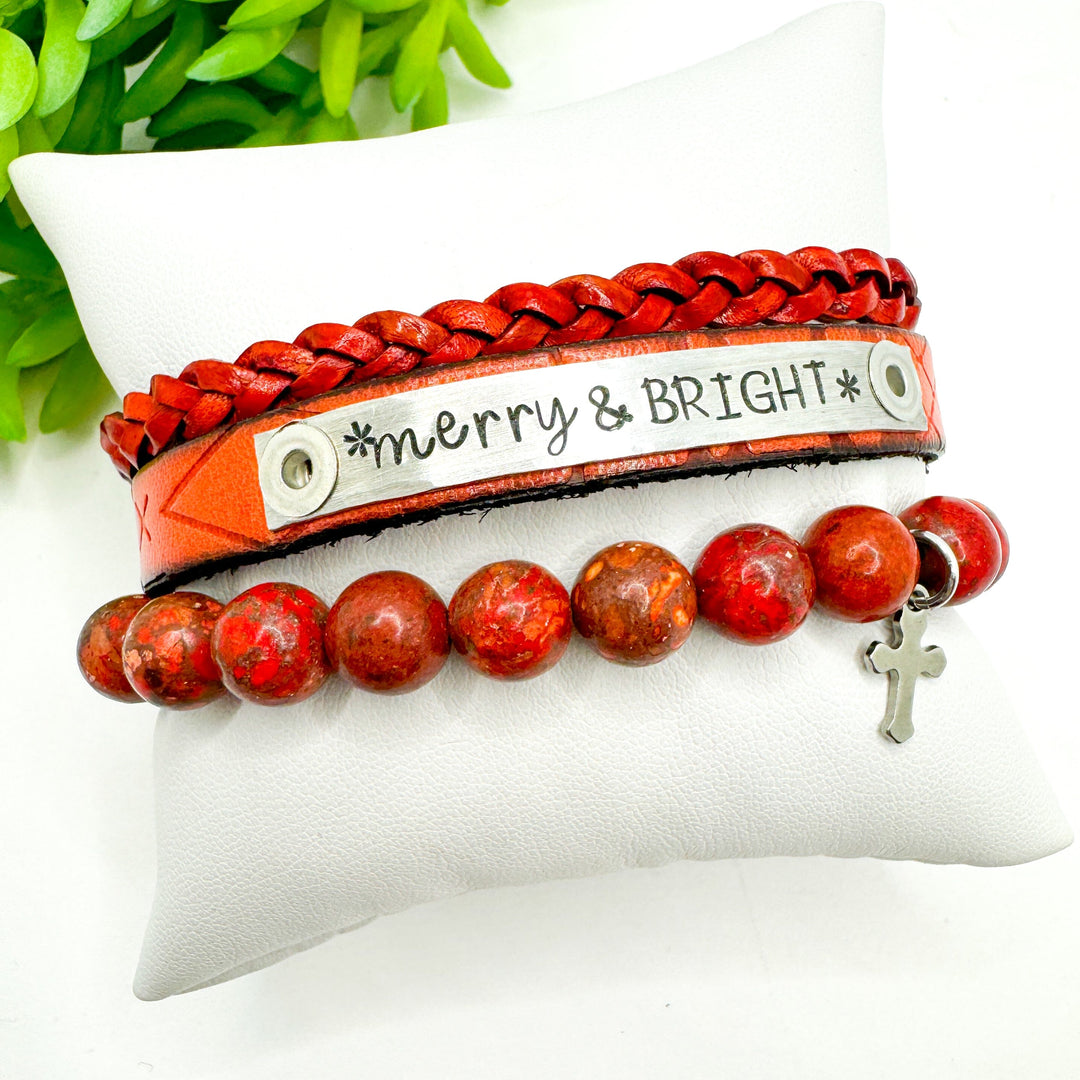 MERRY & BRIGHT Stack | Sw Red Skinny Leather Set | 3 pieces | Bracelets | Womens Skinny Bracelets Create Hope Cuffs