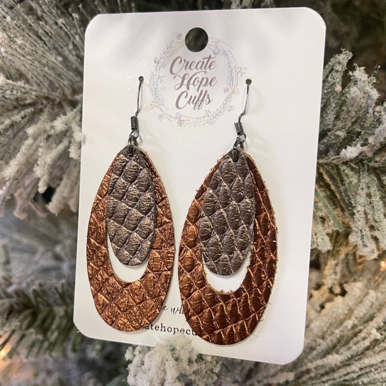 Metallic Copper Bronze Layered Ovals | 2.75" Leather Earrings | Hypoallergenic | Women Leather Earrings Create Hope Cuffs Bronze in front