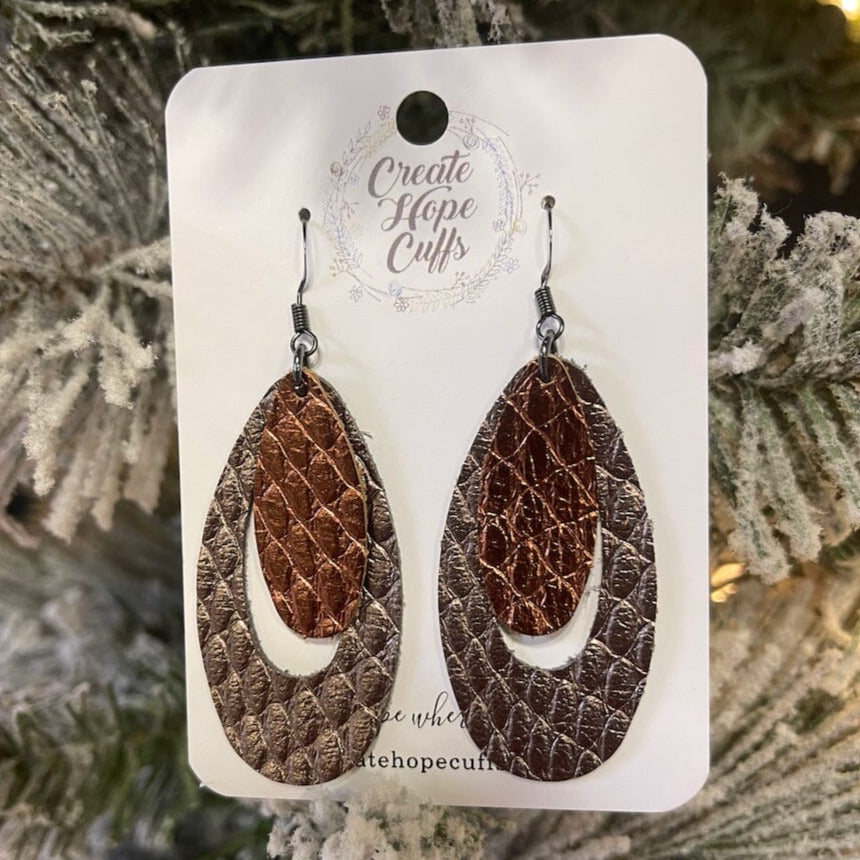 Metallic Copper Bronze Layered Ovals | 2.75" Leather Earrings | Hypoallergenic | Women Leather Earrings Create Hope Cuffs Copper in front