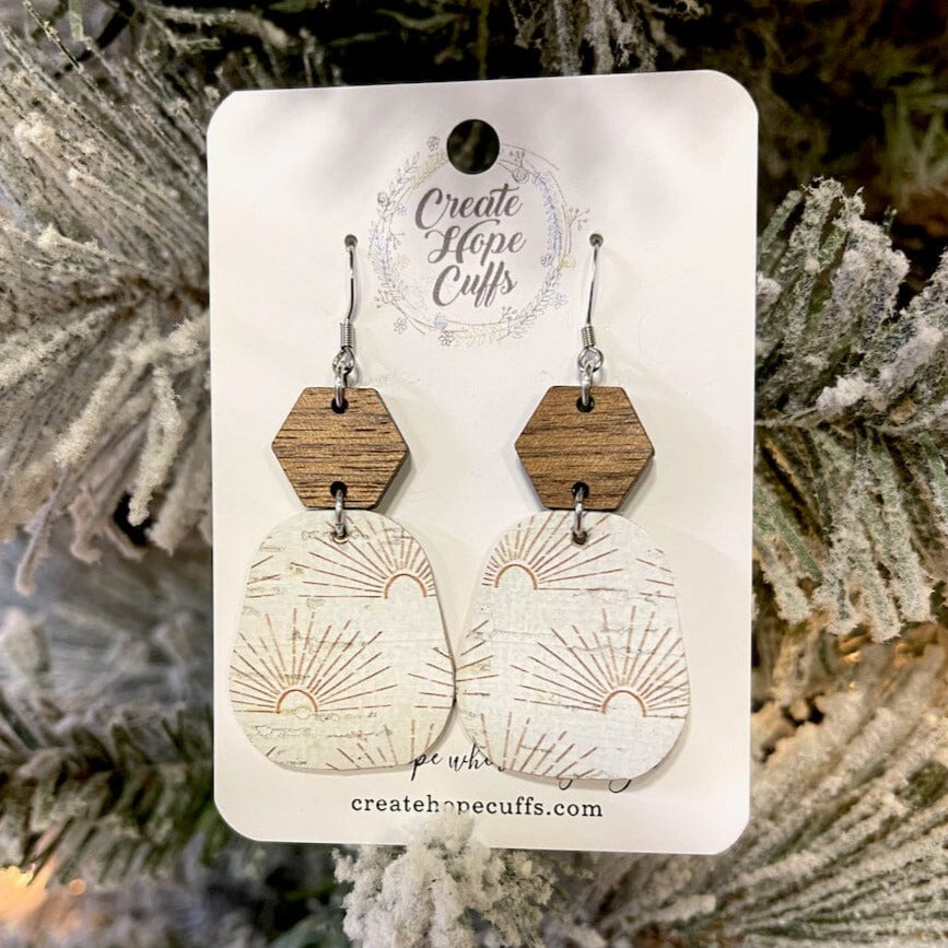 Neutral Sunburts Stacks | 2.5" Wood and Leather Earrings | Hypoallergenic | Women Leather Earrings Create Hope Cuffs