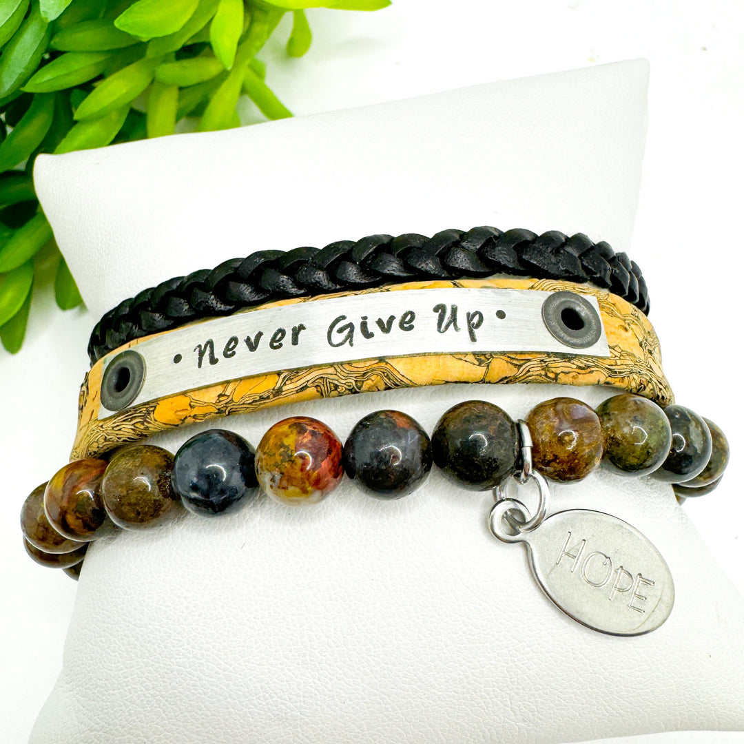 NEVER GIVE UP Stack | Natural Vein Skinny Leather Set | 3 pieces | Bracelets | Womens Skinny Bracelets Create Hope Cuffs