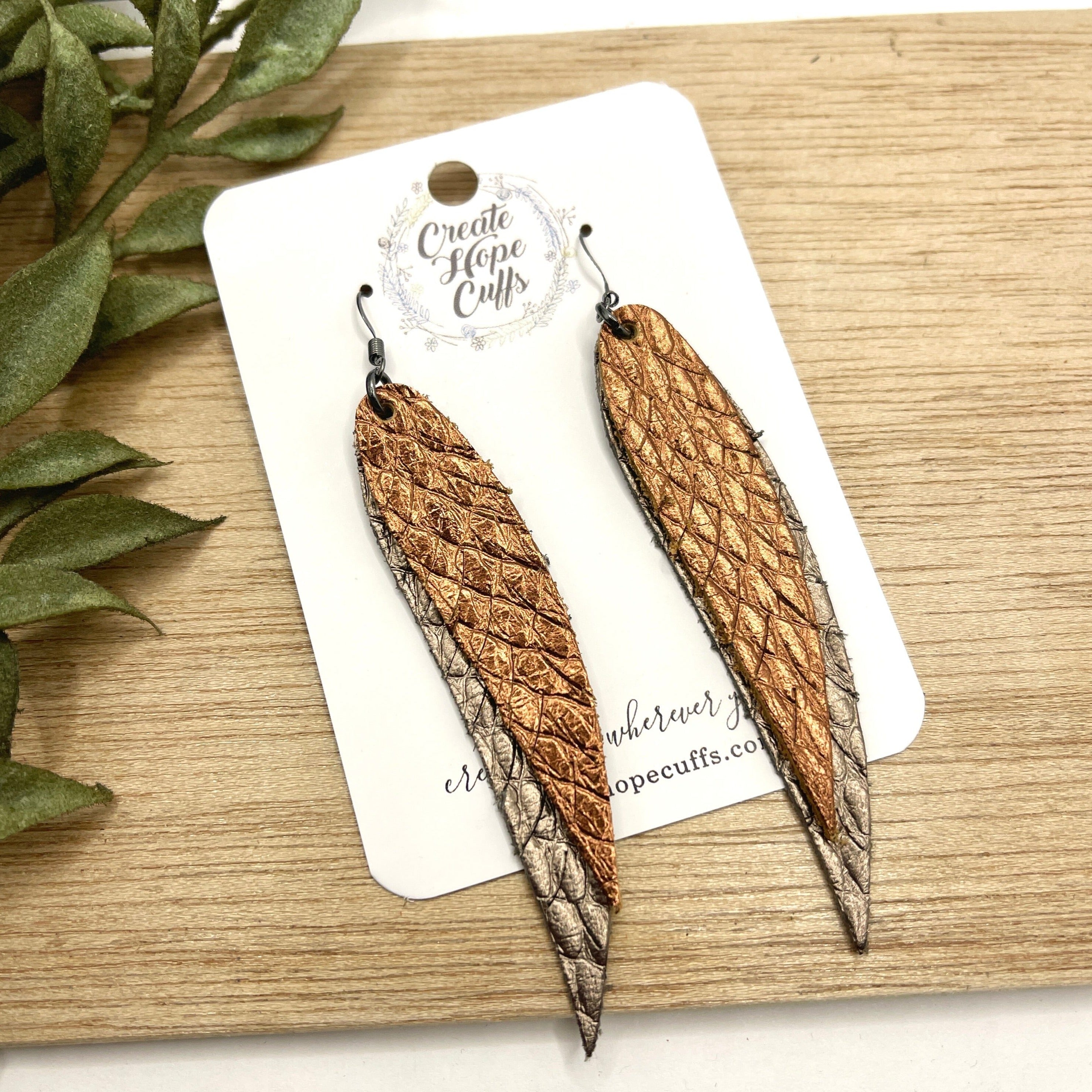 New! Bronze and Copper Metallic Halo Feathers | Leather Earrings | 6 Colors | Hypoallergenic | Women Leather Earrings Create Hope Cuffs 