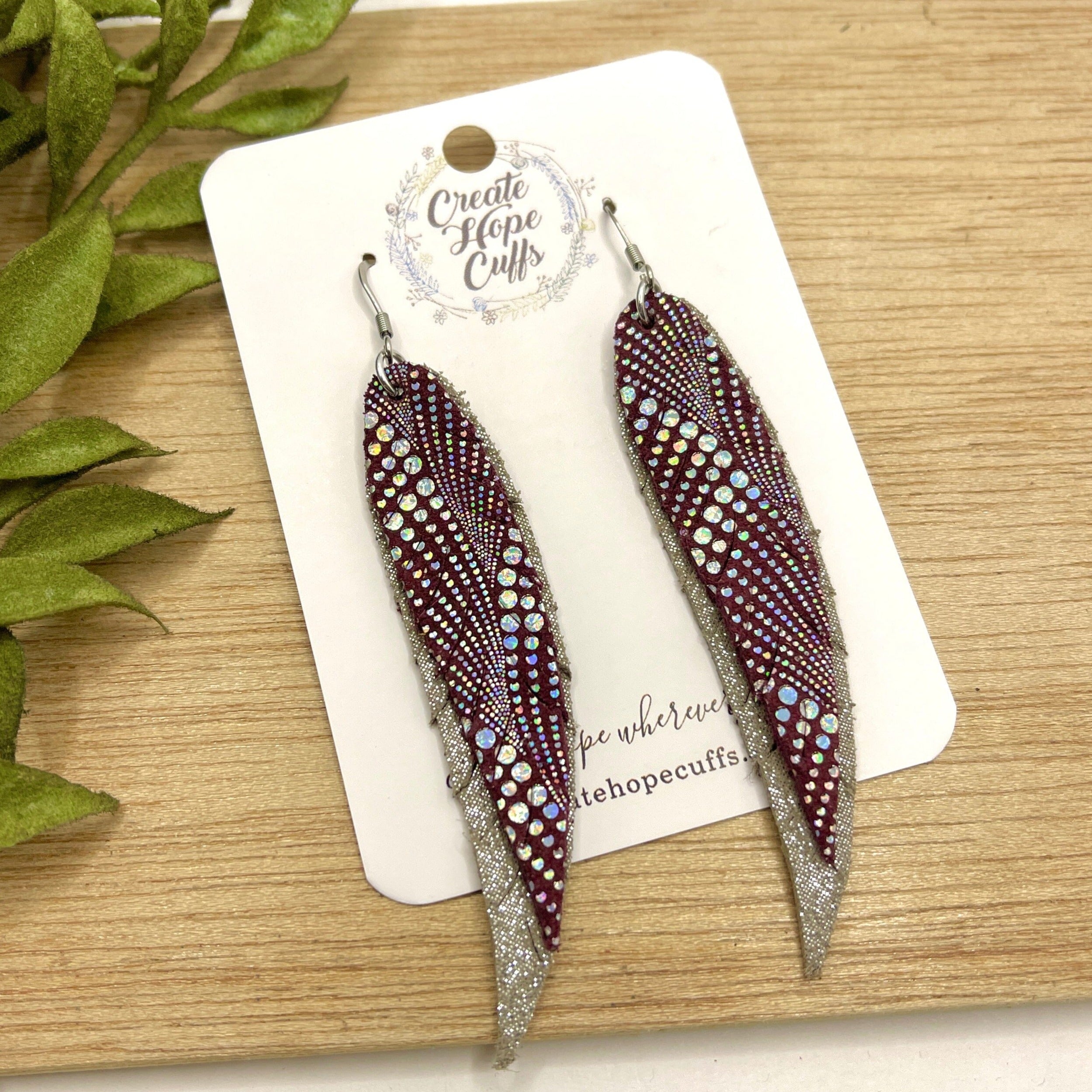 New! Maroon Metallic Halo Feathers | Leather Earrings | 6 Colors | Hypoallergenic | Women Leather Earrings Create Hope Cuffs 