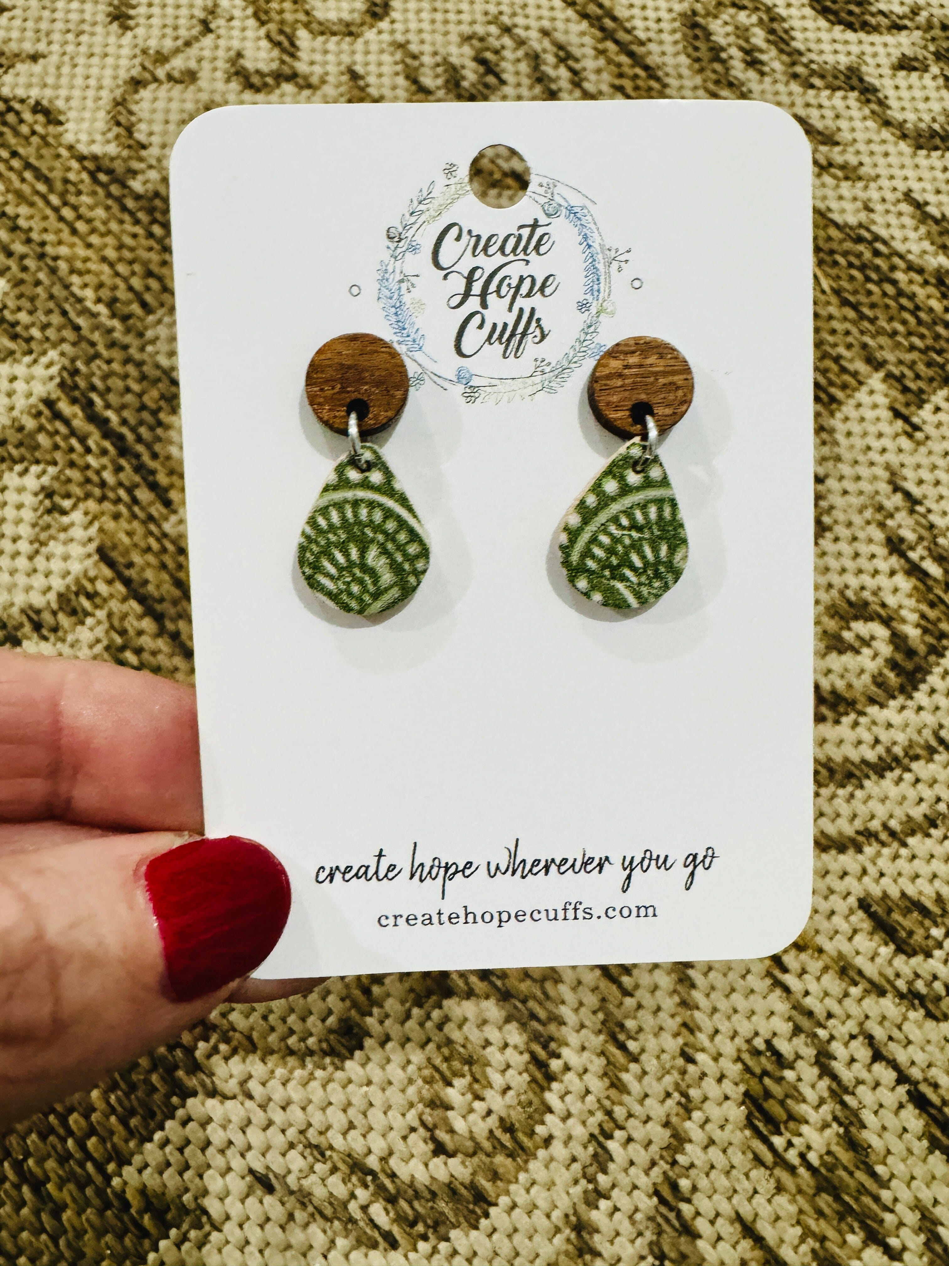 Olive & Cream | 2 Styles | Teardrop Wood and Leather Earrings | Hypoallergenic | Women Leather Earrings Create Hope Cuffs