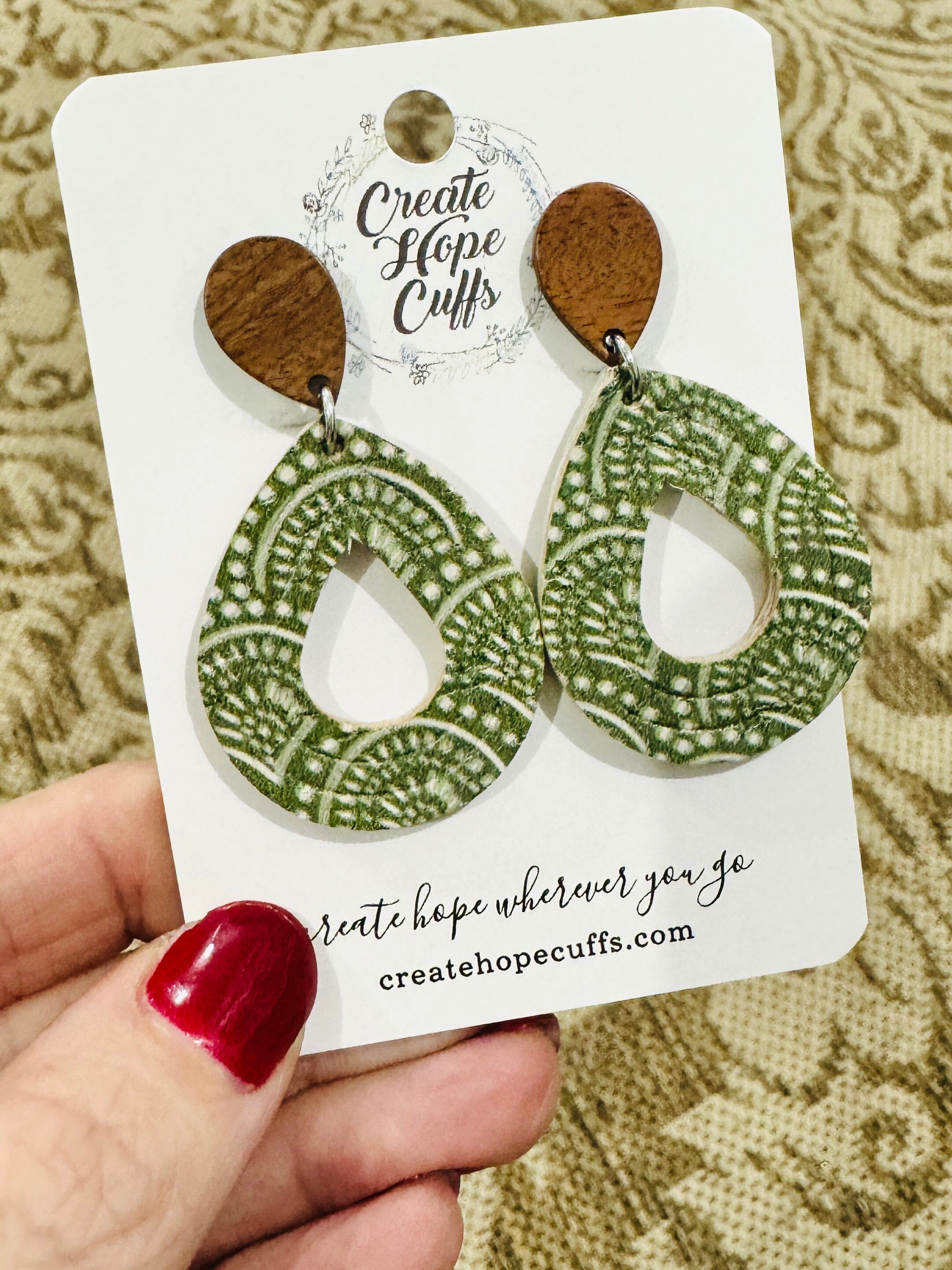 Olive & Cream | 2 Styles | Teardrop Wood and Leather Earrings | Hypoallergenic | Women Leather Earrings Create Hope Cuffs