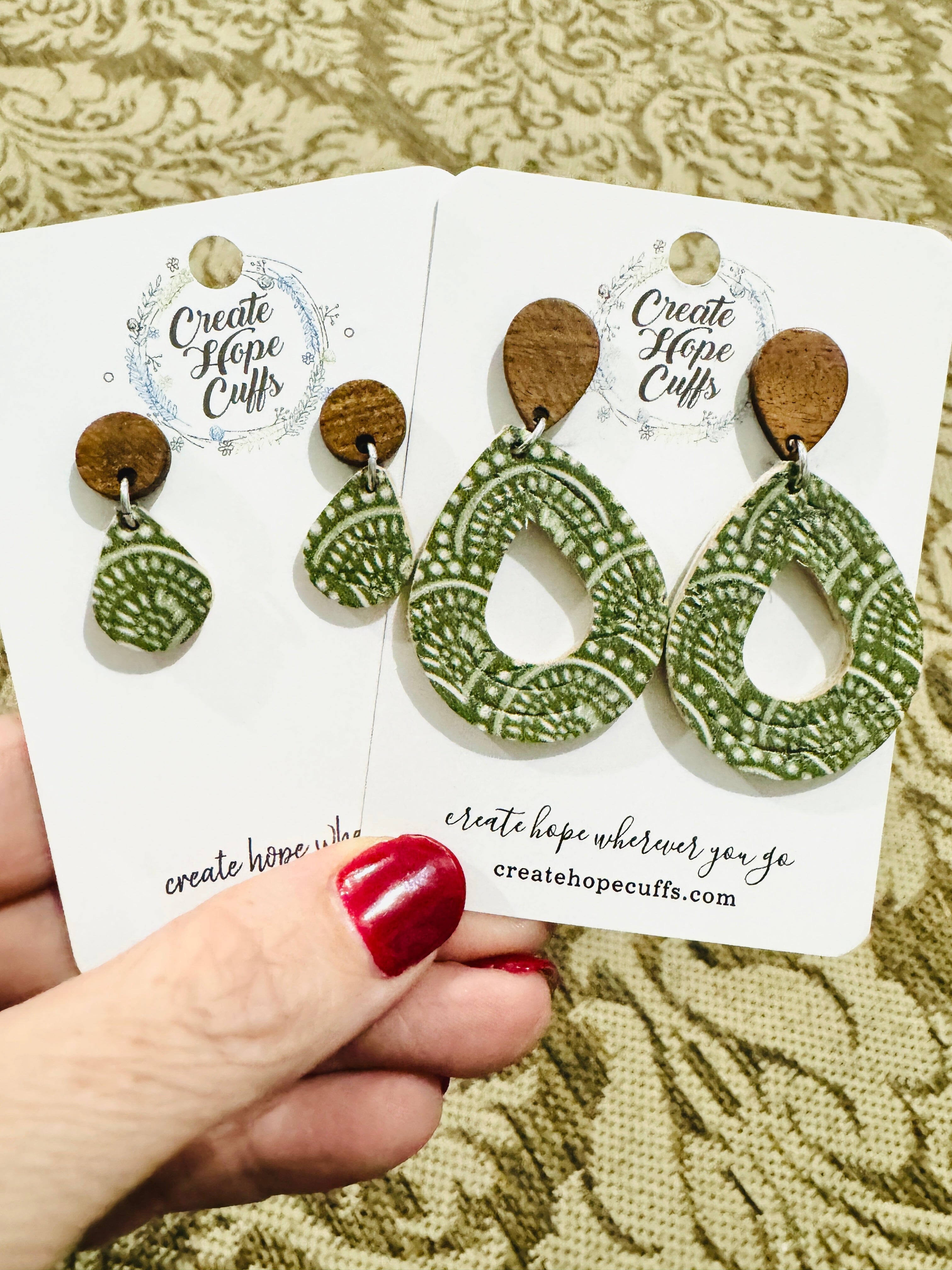 Olive & Cream | 2 Styles | Teardrop Wood and Leather Earrings | Hypoallergenic | Women Leather Earrings Create Hope Cuffs