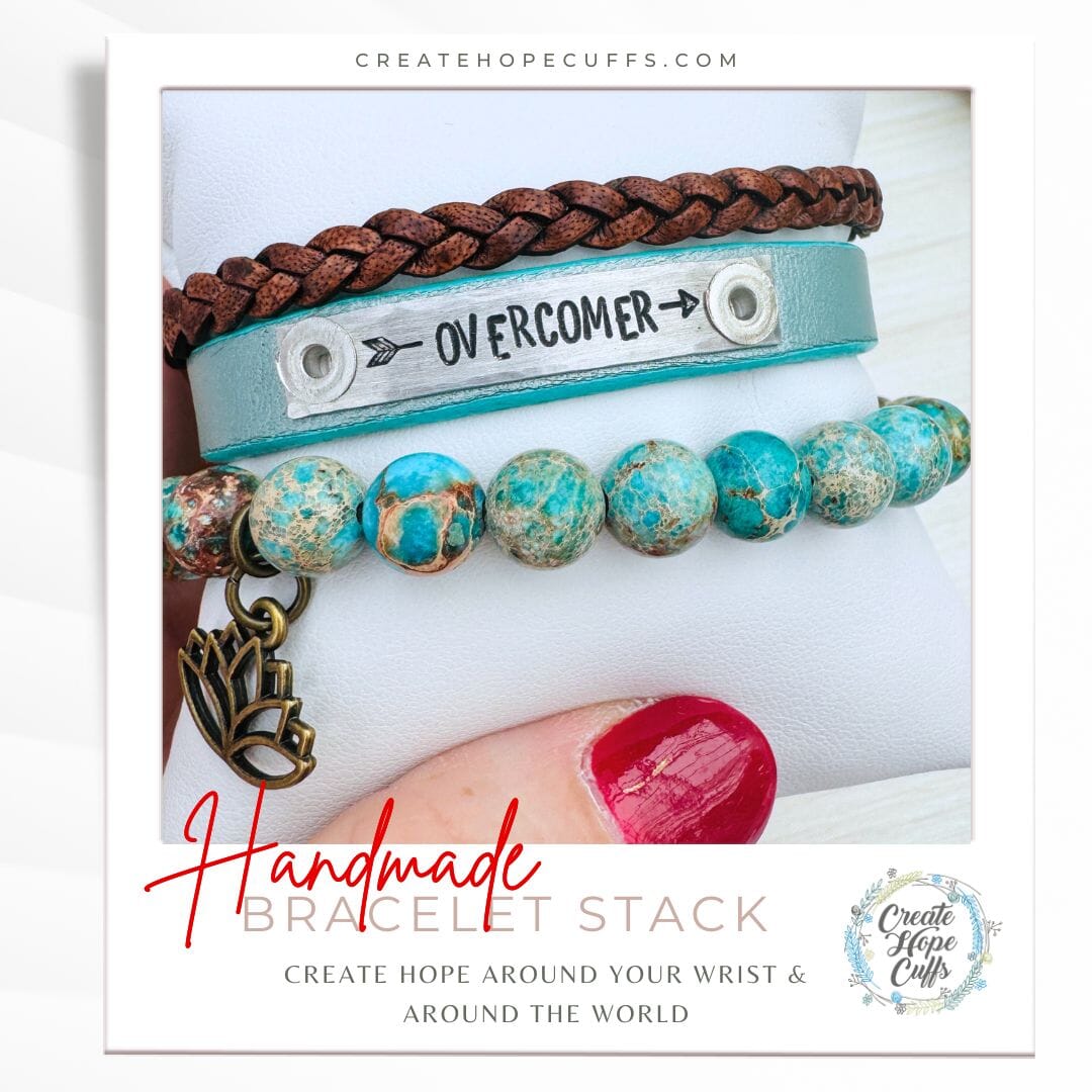 OVERCOMER Brushed Turquoise Stack | Skinny Cork Set | 3 pieces | Bracelets | Womens Skinny Bracelets Create Hope Cuffs
