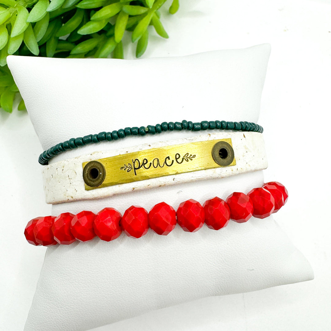 PEACE Brass Stack | Sandy White Skinny Leather Set | 3 pieces | Bracelets | Womens Skinny Bracelets Create Hope Cuffs