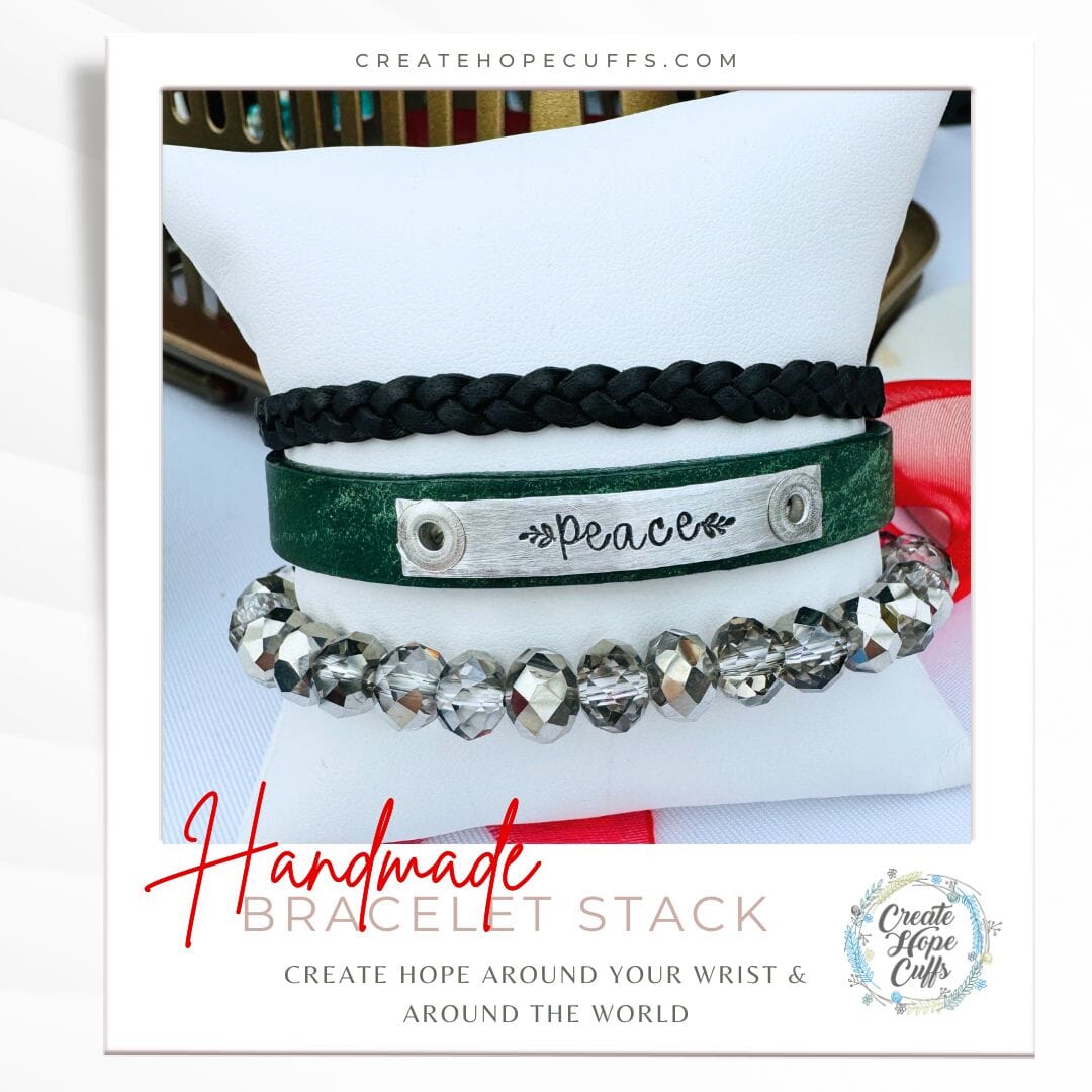 PEACE Evergreen Black Stack | Skinny Leather Set | 3 pieces | Bracelets | Womens Skinny Bracelets Create Hope Cuffs