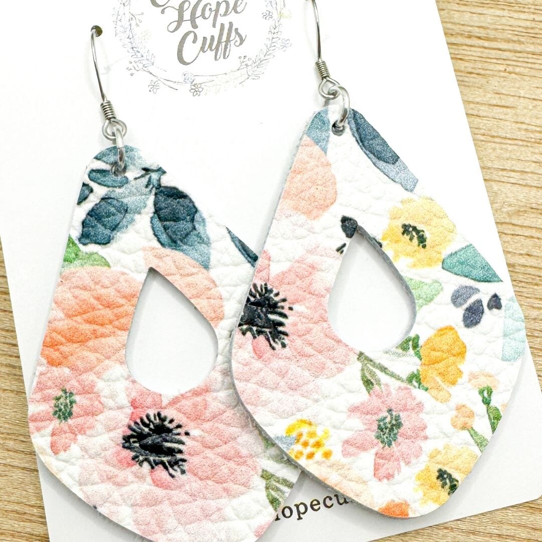 Pretty Pastel Florals | 2.5" Diamond Teardrop Leather Earrings | Hypoallergenic | Women Leather Earrings Create Hope Cuffs 