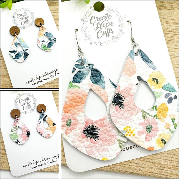 Pretty Pastel Florals | 2.5" Diamond Teardrop Leather Earrings | Hypoallergenic | Women Leather Earrings Create Hope Cuffs