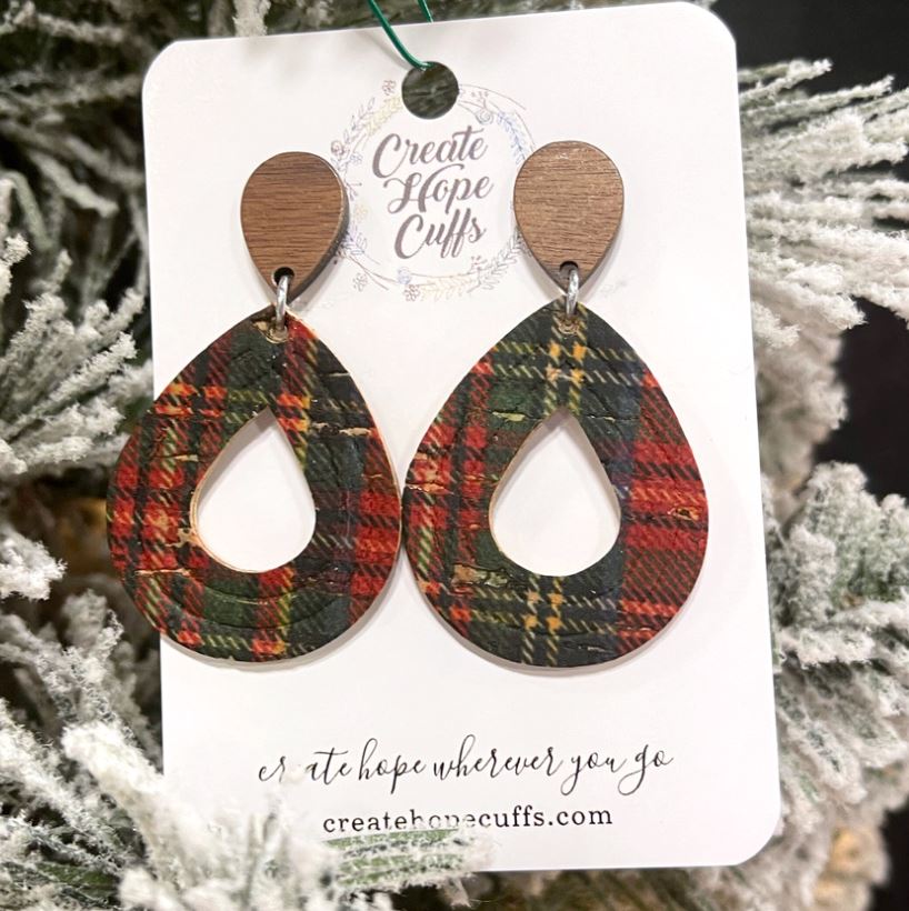 Red Plaid | 2" Open Teardrop Wood and Leather Earrings | Hypoallergenic | Women Leather Earrings Create Hope Cuffs