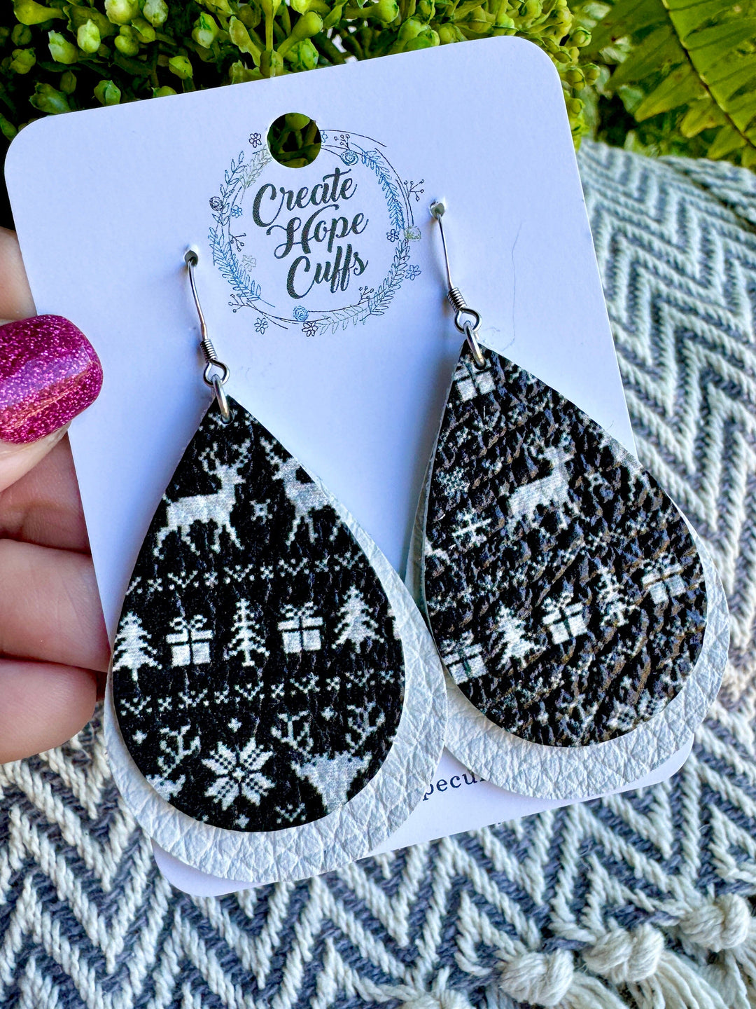 Reindeer Play | Black and White Double Teardrop Leather Earrings | Hypoallergenic | Women Leather Earrings Create Hope Cuffs