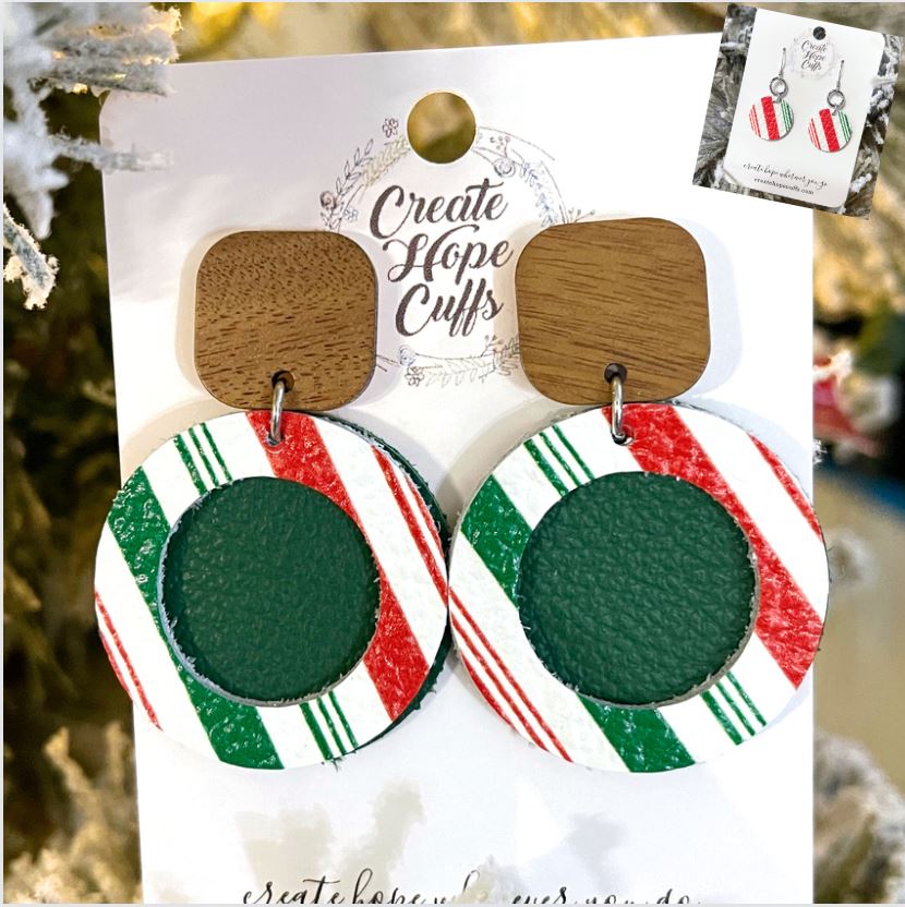 Round Peppermint Stripe | 2" Stacked Wood and Leather Earrings | Hypoallergenic | Women Leather Earrings Create Hope Cuffs