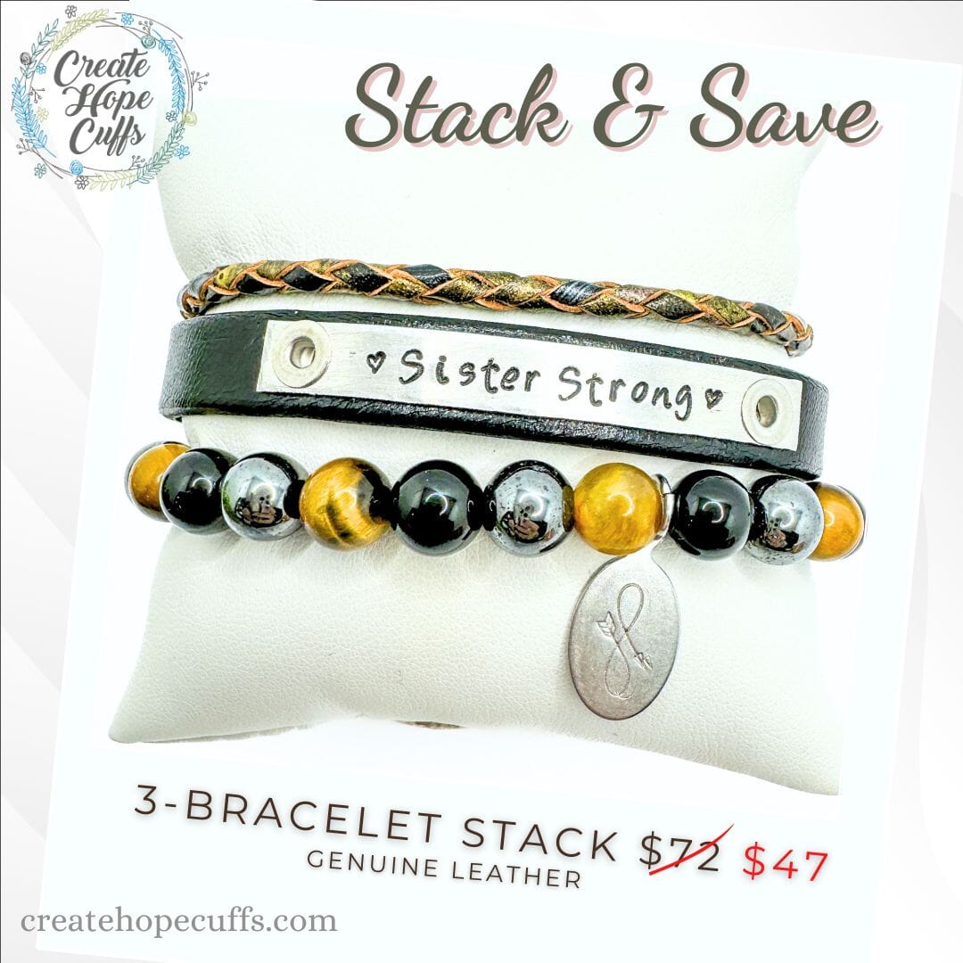 SISTER STRONG Stack | Skinny Leather Stack Set | 3 pieces | Bracelets | Womens Skinny Bracelets Create Hope Cuffs