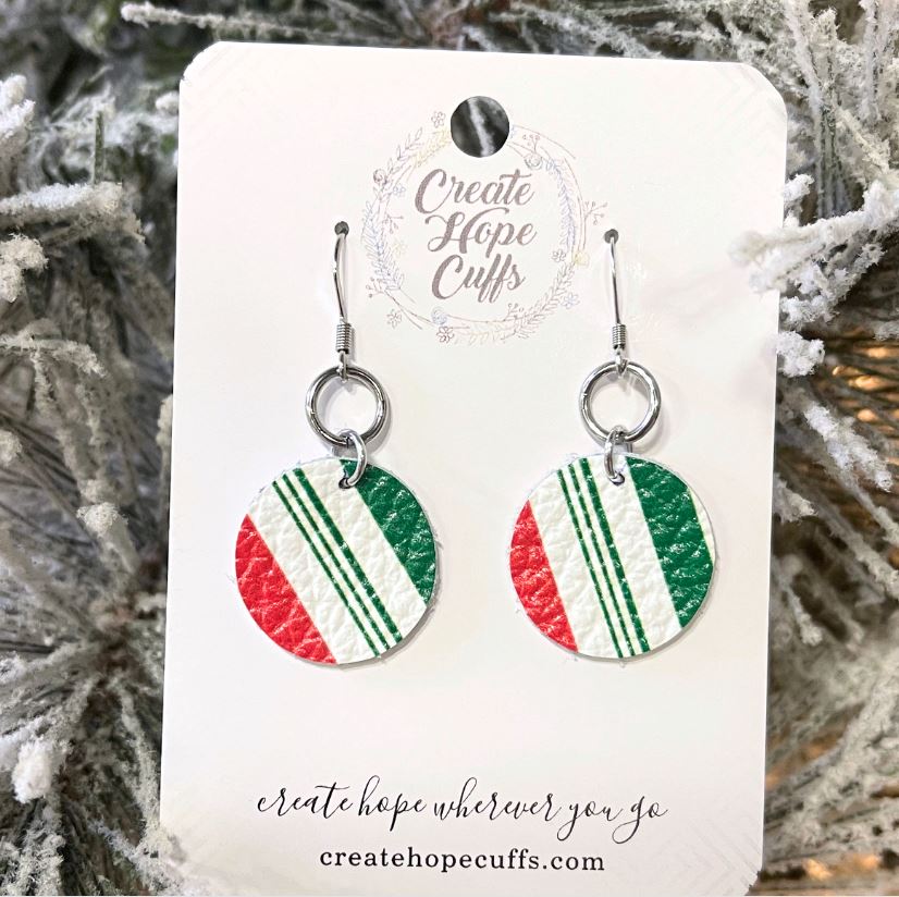 Small Round Peppermint Stripe | 1.75" Stacked Ring Leather Earrings | Hypoallergenic | Women Leather Earrings Create Hope Cuffs