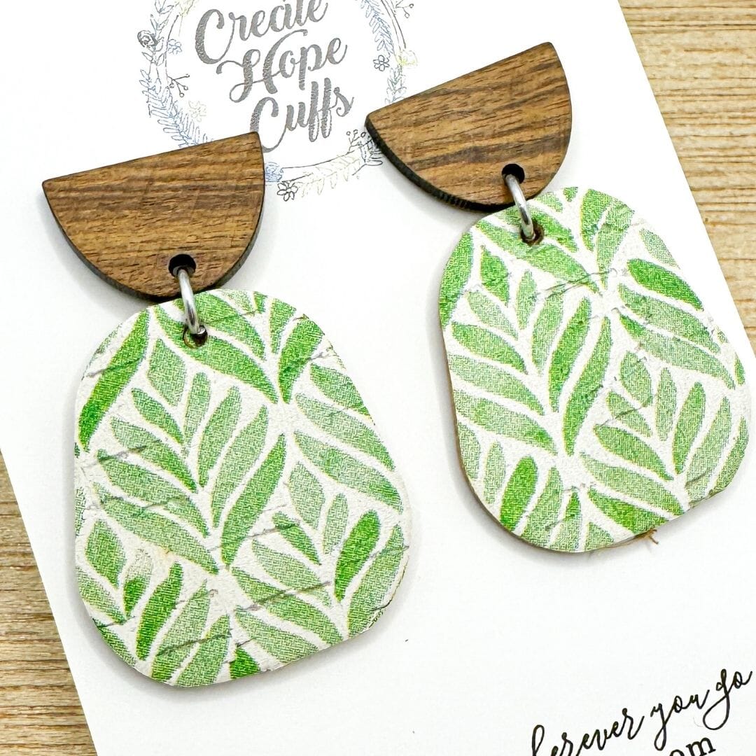 Stacked Green Leaf | 1.75 Stud Wood Leather Earrings | Hypoallergenic | Women Leather Earrings Create Hope Cuffs
