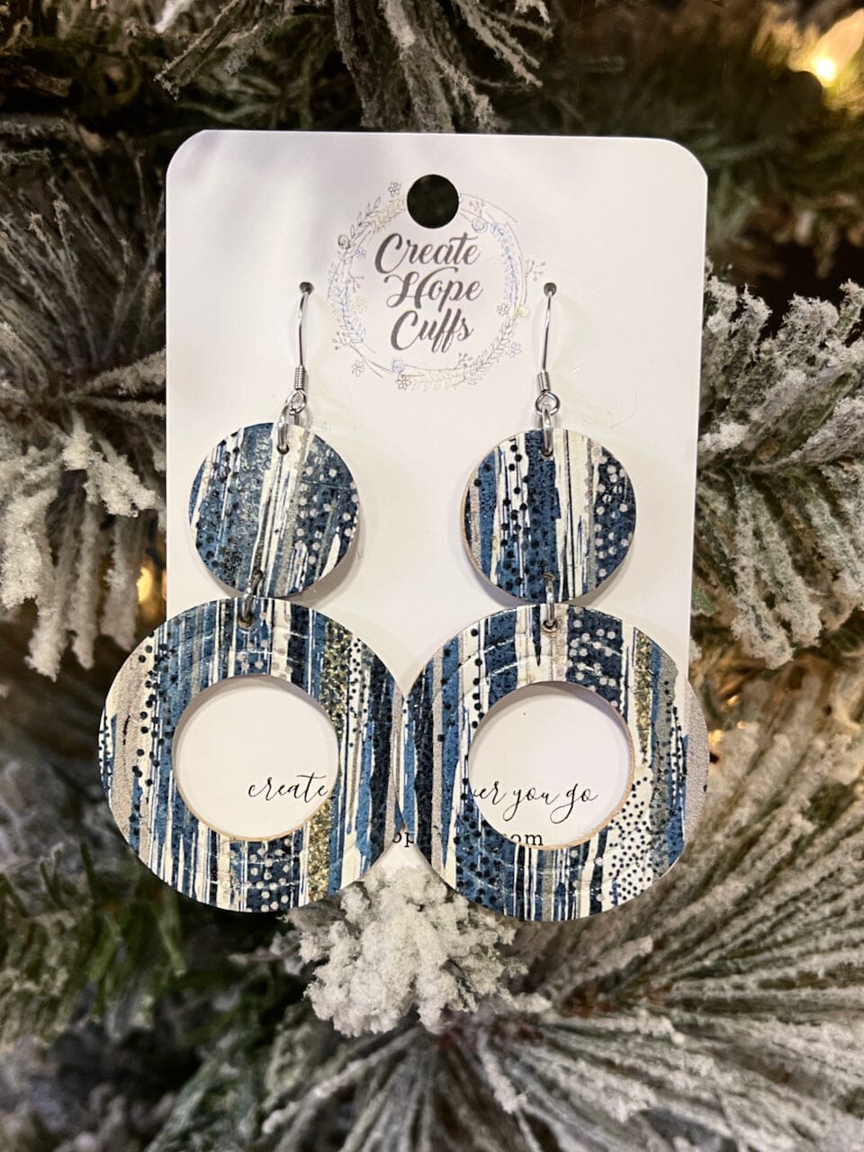 Striped Bubble Blue | 3" Leather Circle Earrings | Hypoallergenic | Women Leather Earrings Create Hope Cuffs