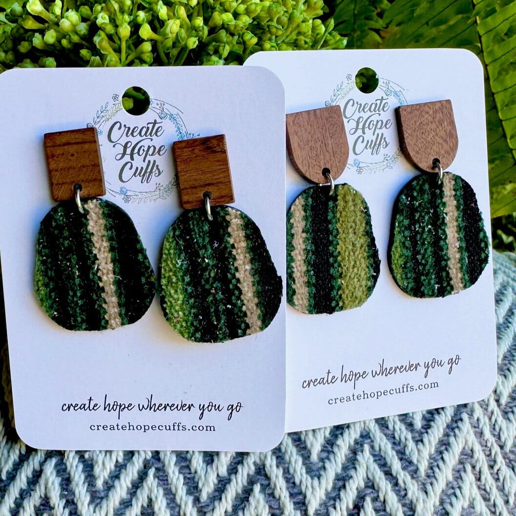 Striped Green Tweed | 2 Styles | Stacked Wood Earrings | Hypoallergenic | Women Leather Earrings Create Hope Cuffs Choose Your Style