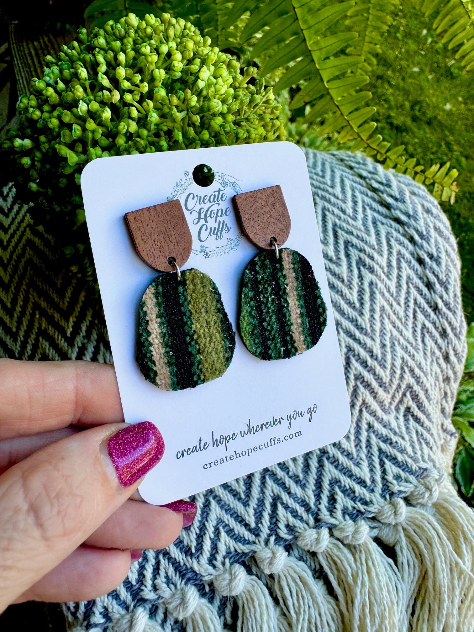 Striped Green Tweed | 2 Styles | Stacked Wood Earrings | Hypoallergenic | Women Leather Earrings Create Hope Cuffs Domed Stud
