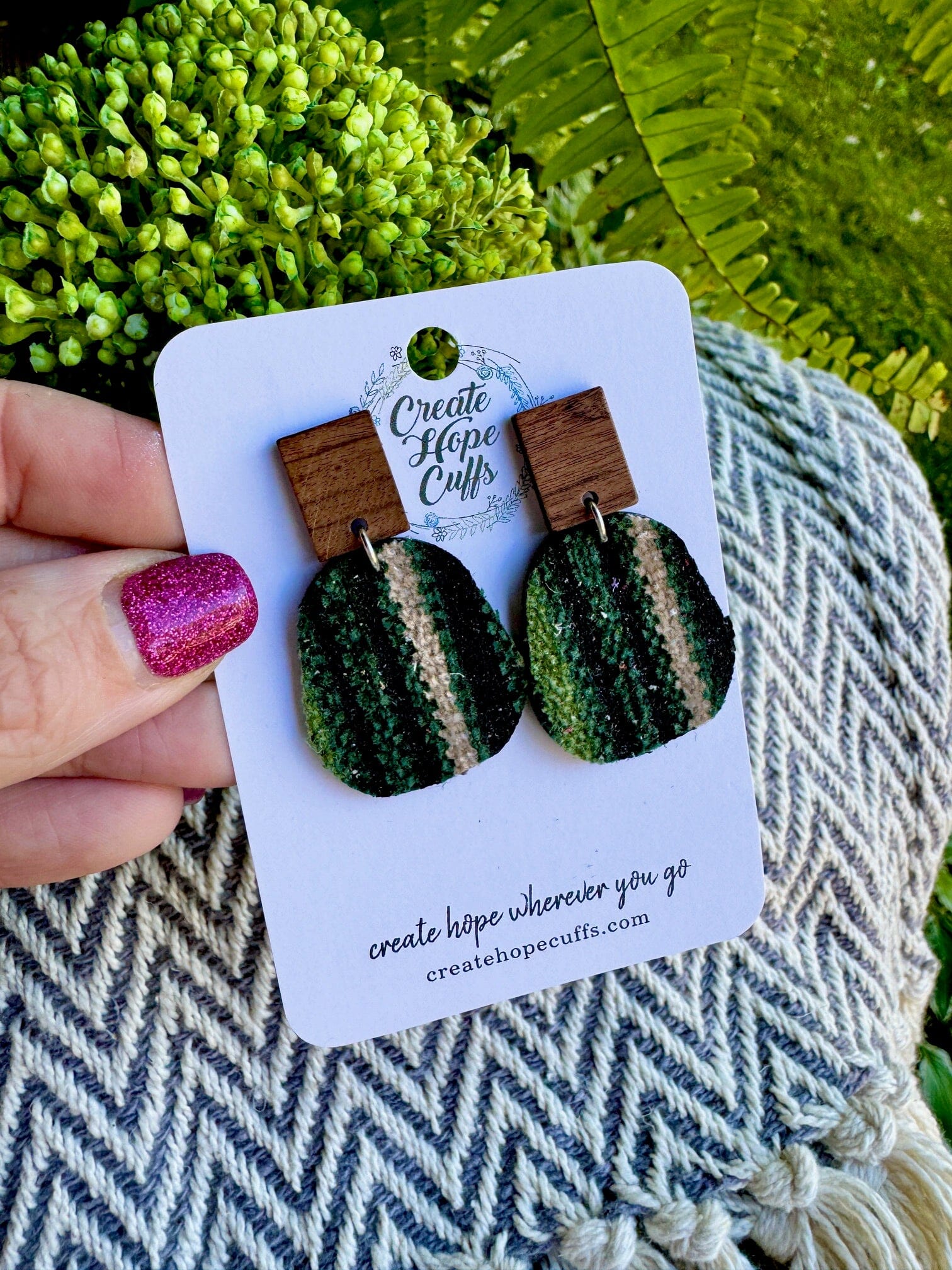 Striped Green Tweed | 2 Styles | Stacked Wood Earrings | Hypoallergenic | Women Leather Earrings Create Hope Cuffs Square Stud