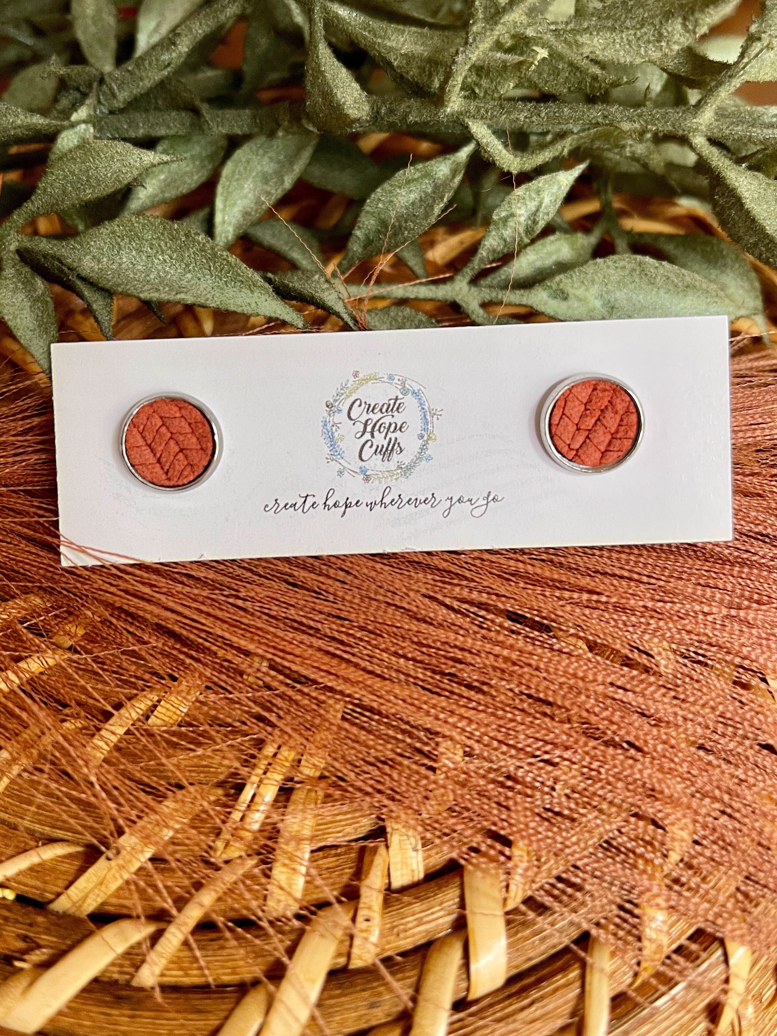 Textured STUD | 10mm | 12 Colors | Leather Earrings, Hypoallergenic Leather Earrings Create Hope Cuffs Burnt Orange