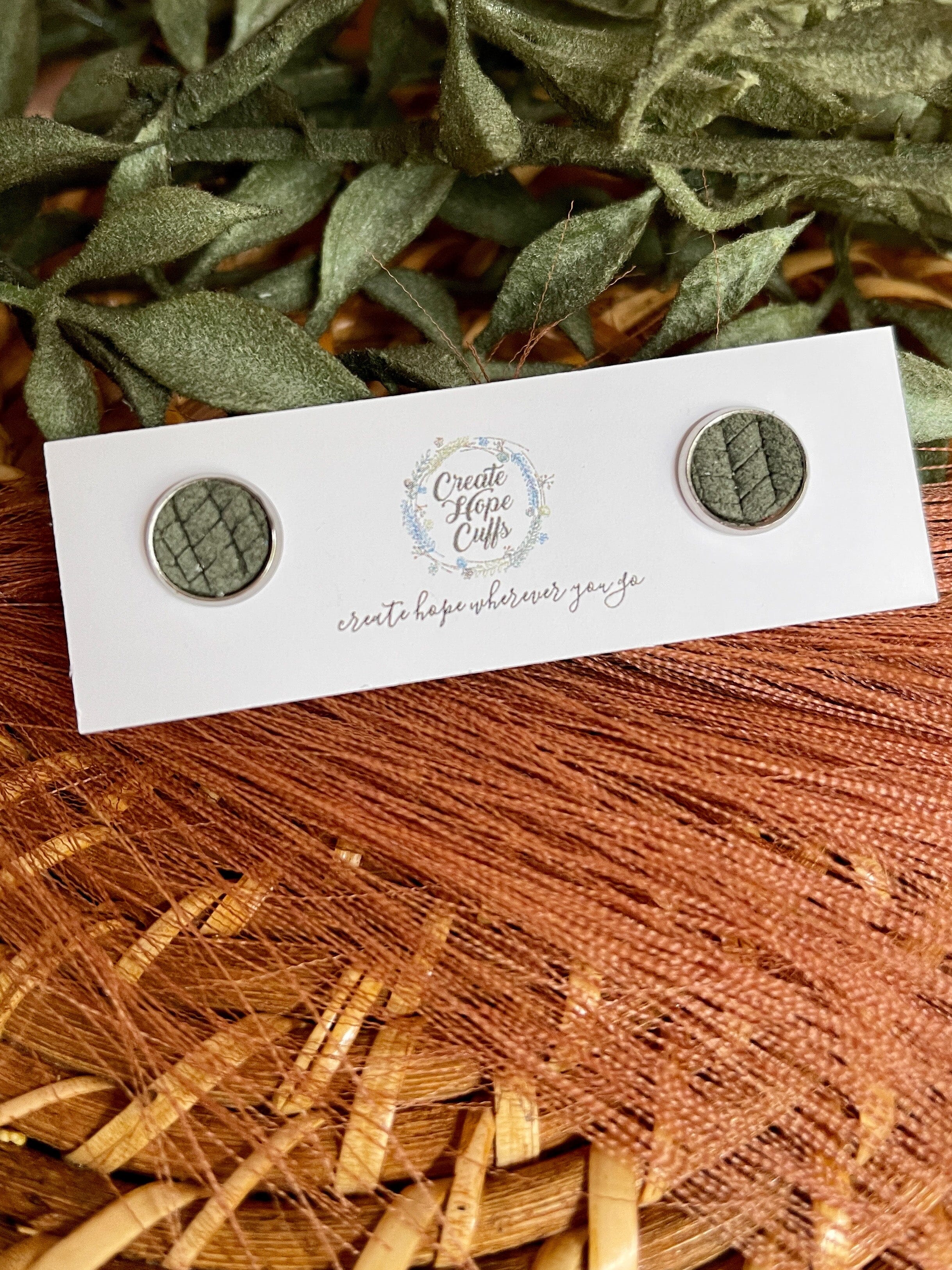 Textured STUD | 10mm | 12 Colors | Leather Earrings, Hypoallergenic Leather Earrings Create Hope Cuffs Green