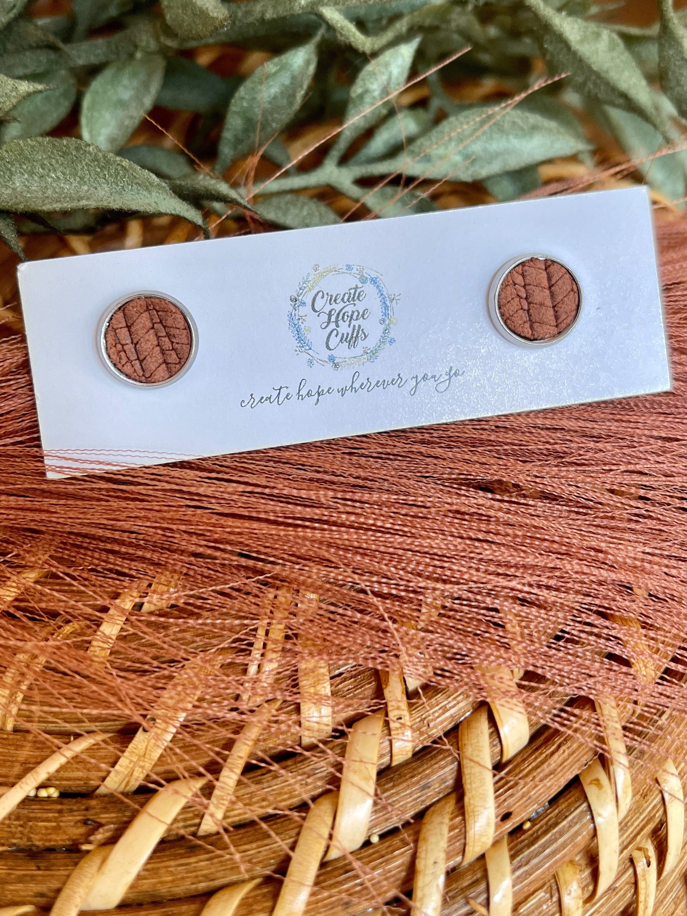 Textured STUD | 10mm | 12 Colors | Leather Earrings, Hypoallergenic Leather Earrings Create Hope Cuffs Mid Brown