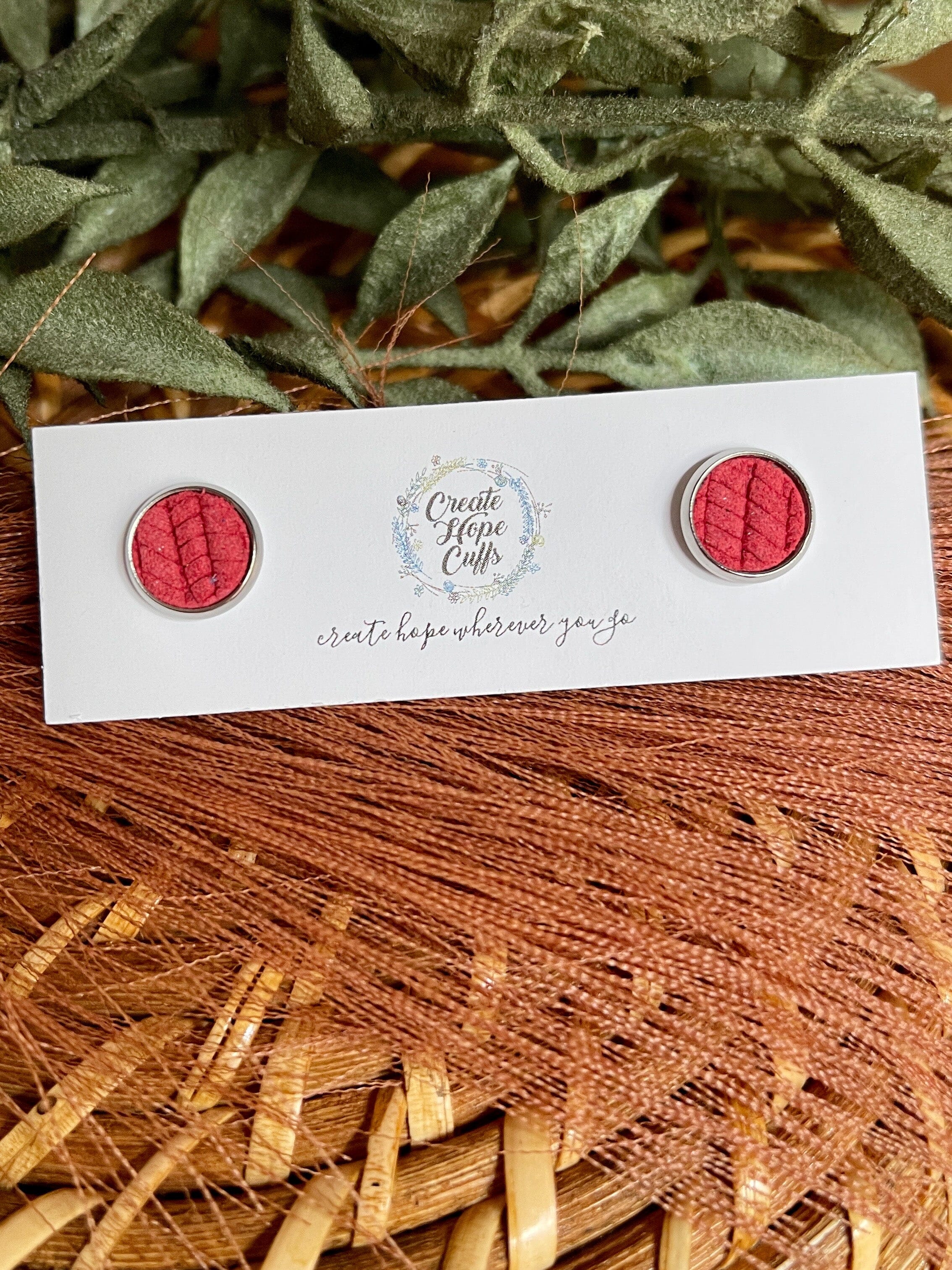 Textured STUD | 10mm | 12 Colors | Leather Earrings, Hypoallergenic Leather Earrings Create Hope Cuffs Red