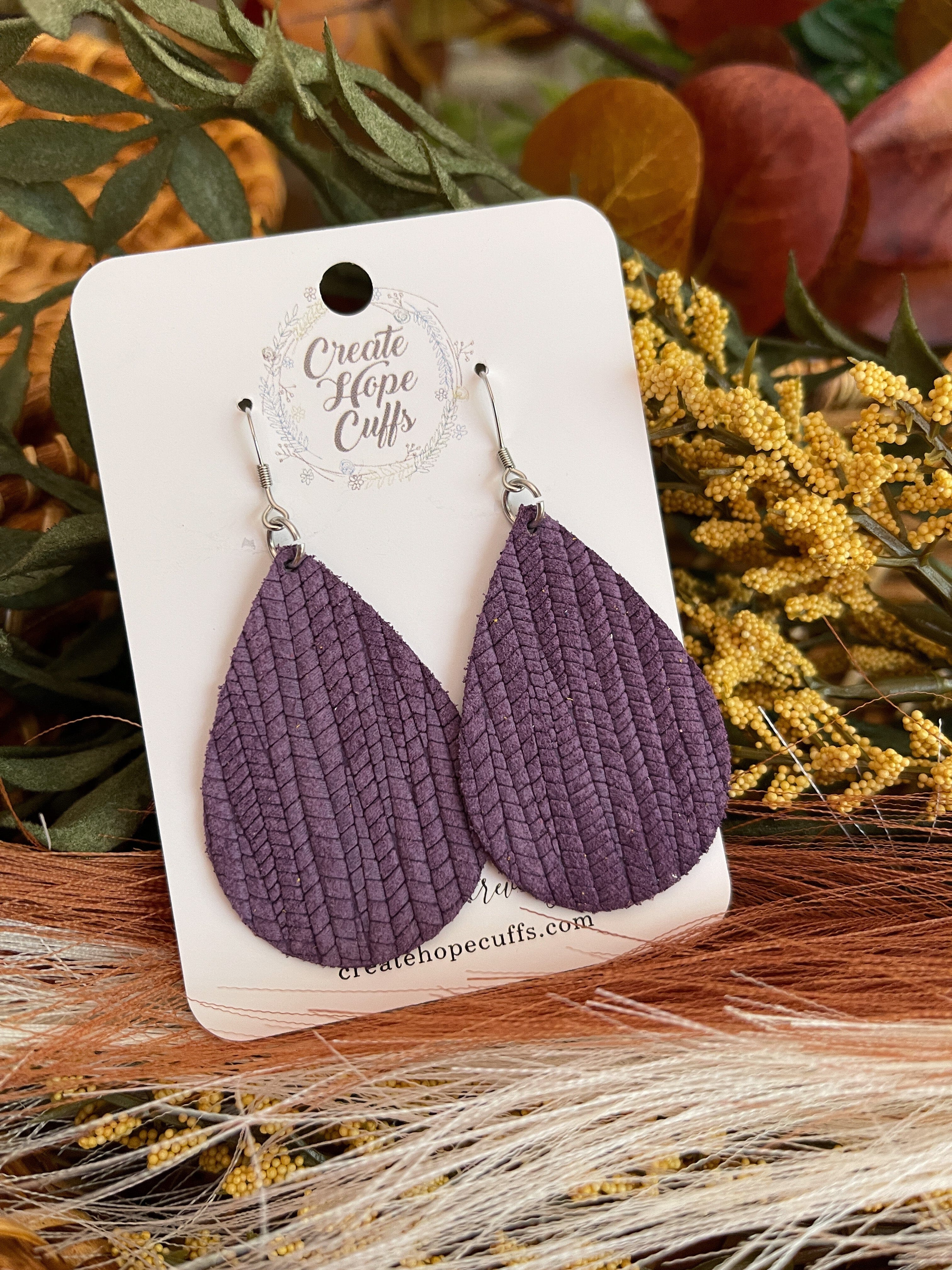 Textured Teardrop Leather Earrings | 14 Colors | Hypoallergenic Leather Earrings Create Hope Cuffs