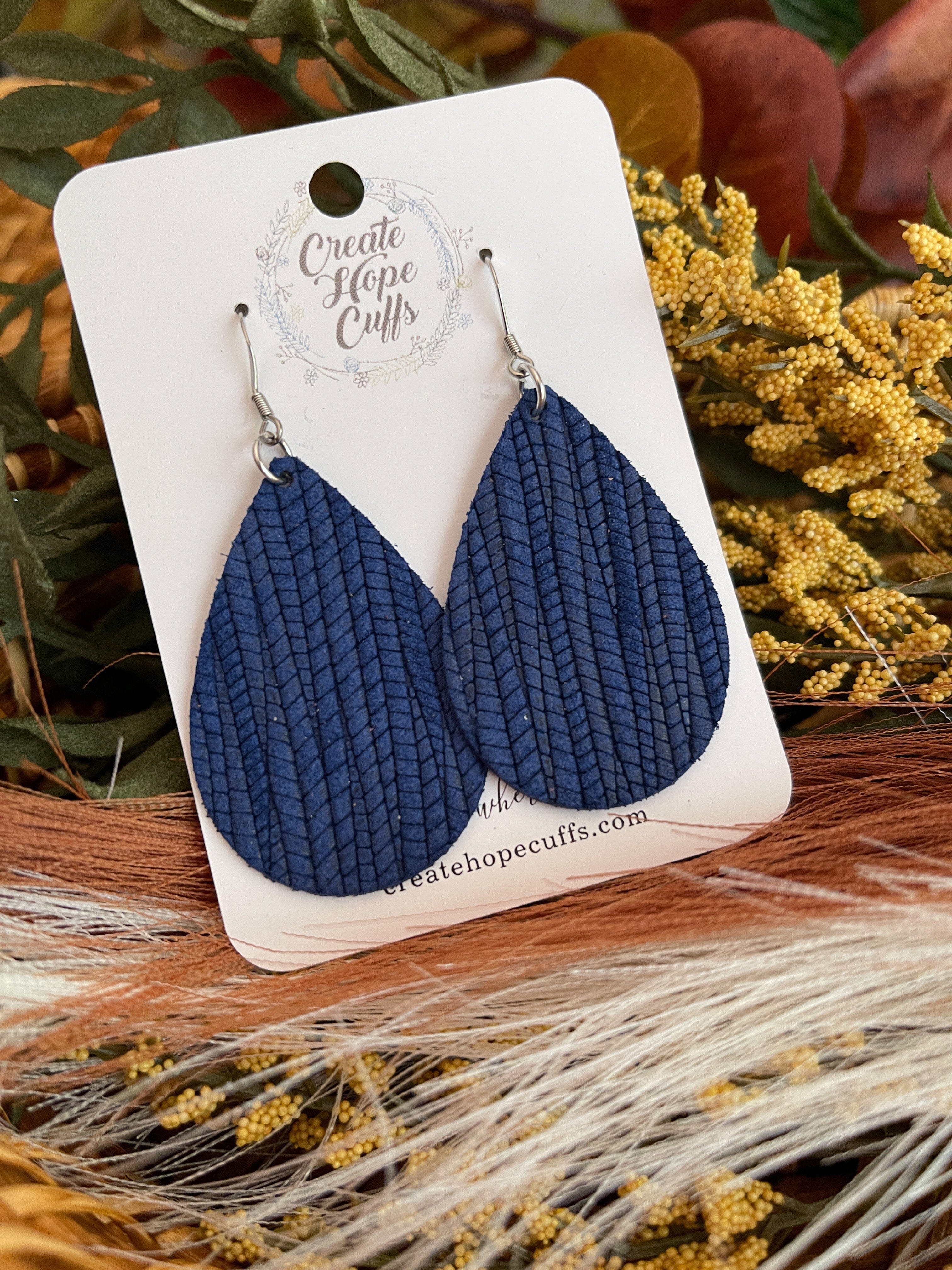Textured Teardrop Leather Earrings | 14 Colors | Hypoallergenic Leather Earrings Create Hope Cuffs