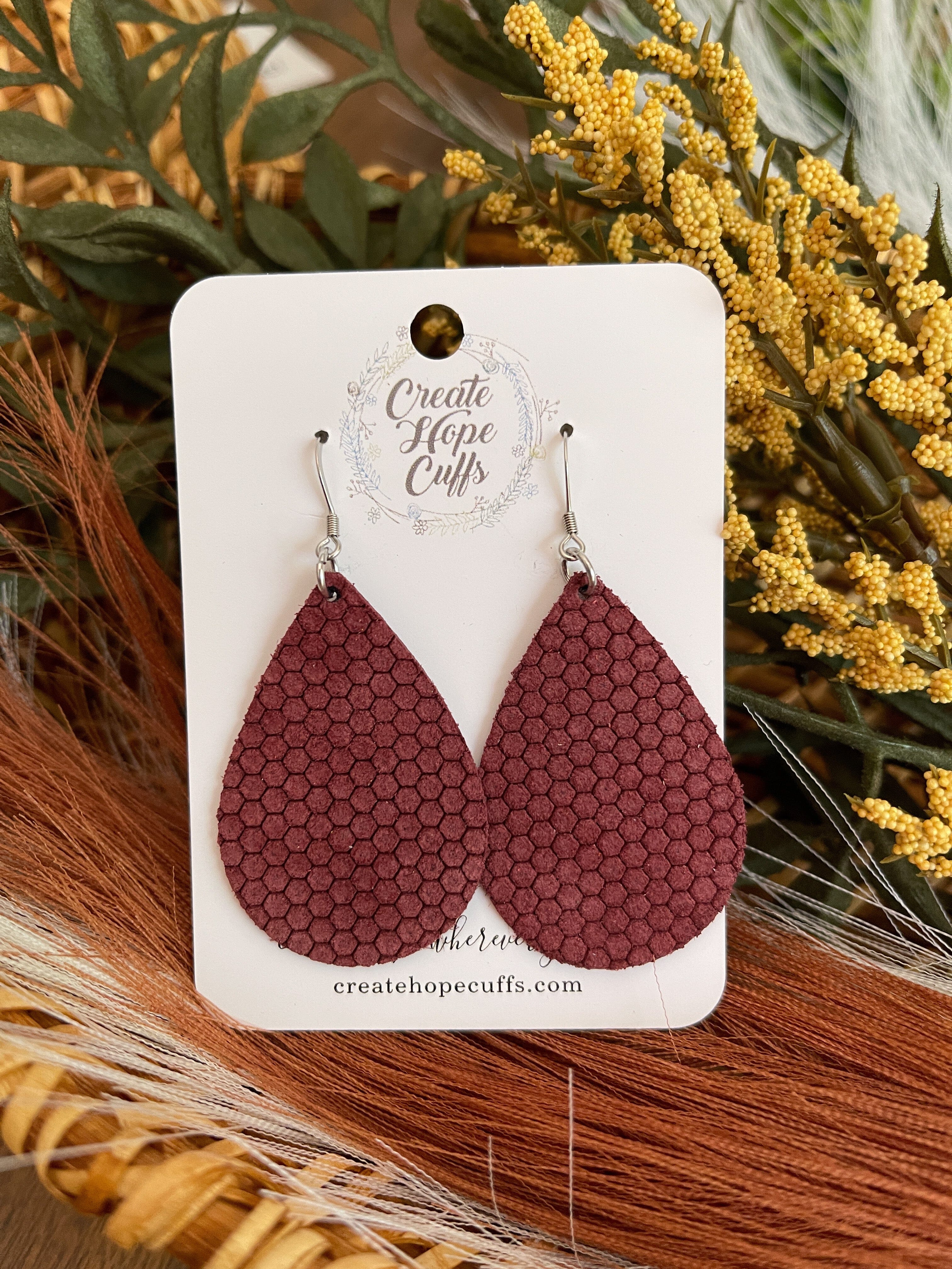 Textured Teardrop Leather Earrings | 14 Colors | Hypoallergenic Leather Earrings Create Hope Cuffs 