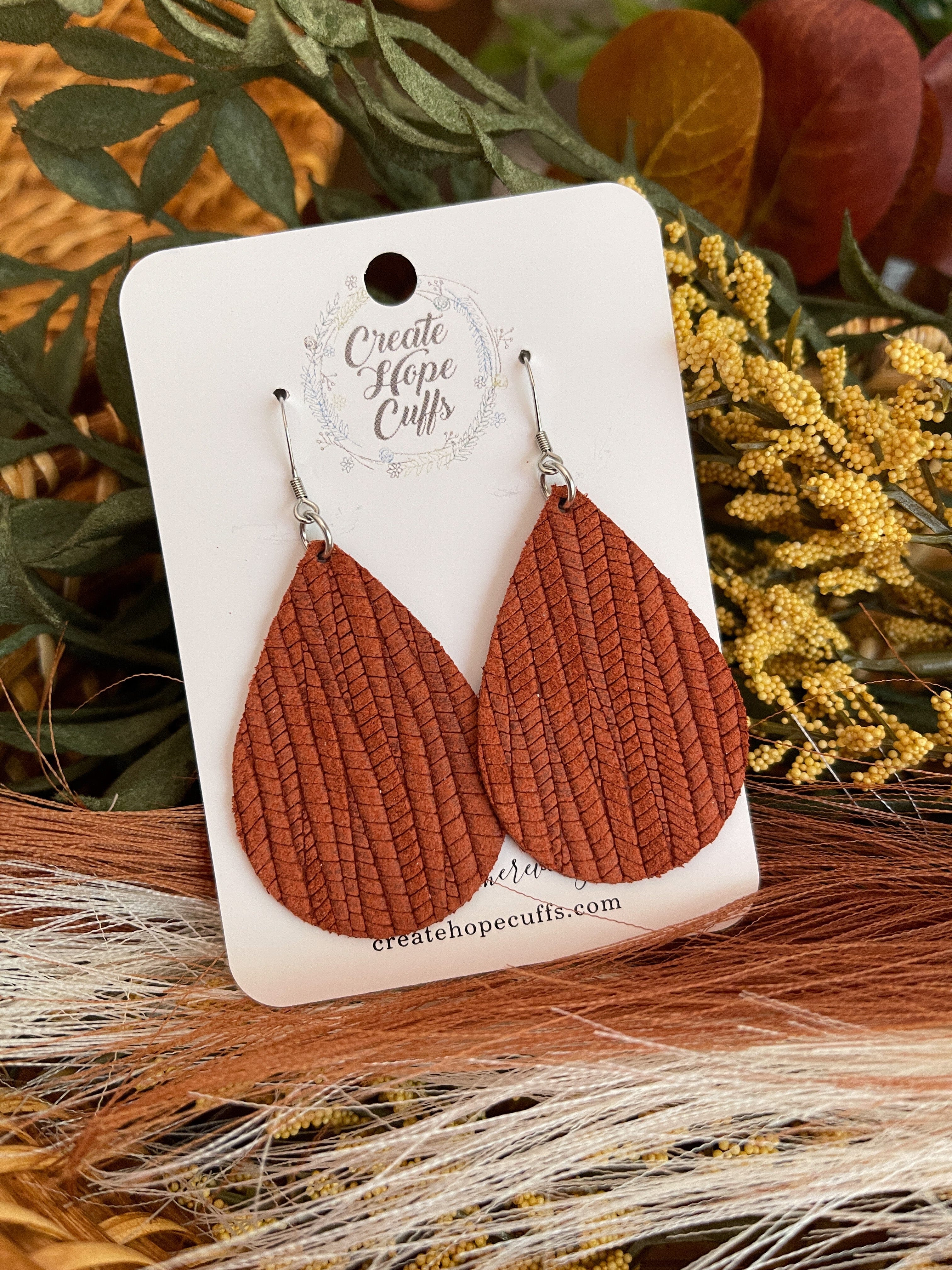 Textured Teardrop Leather Earrings | 14 Colors | Hypoallergenic Leather Earrings Create Hope Cuffs