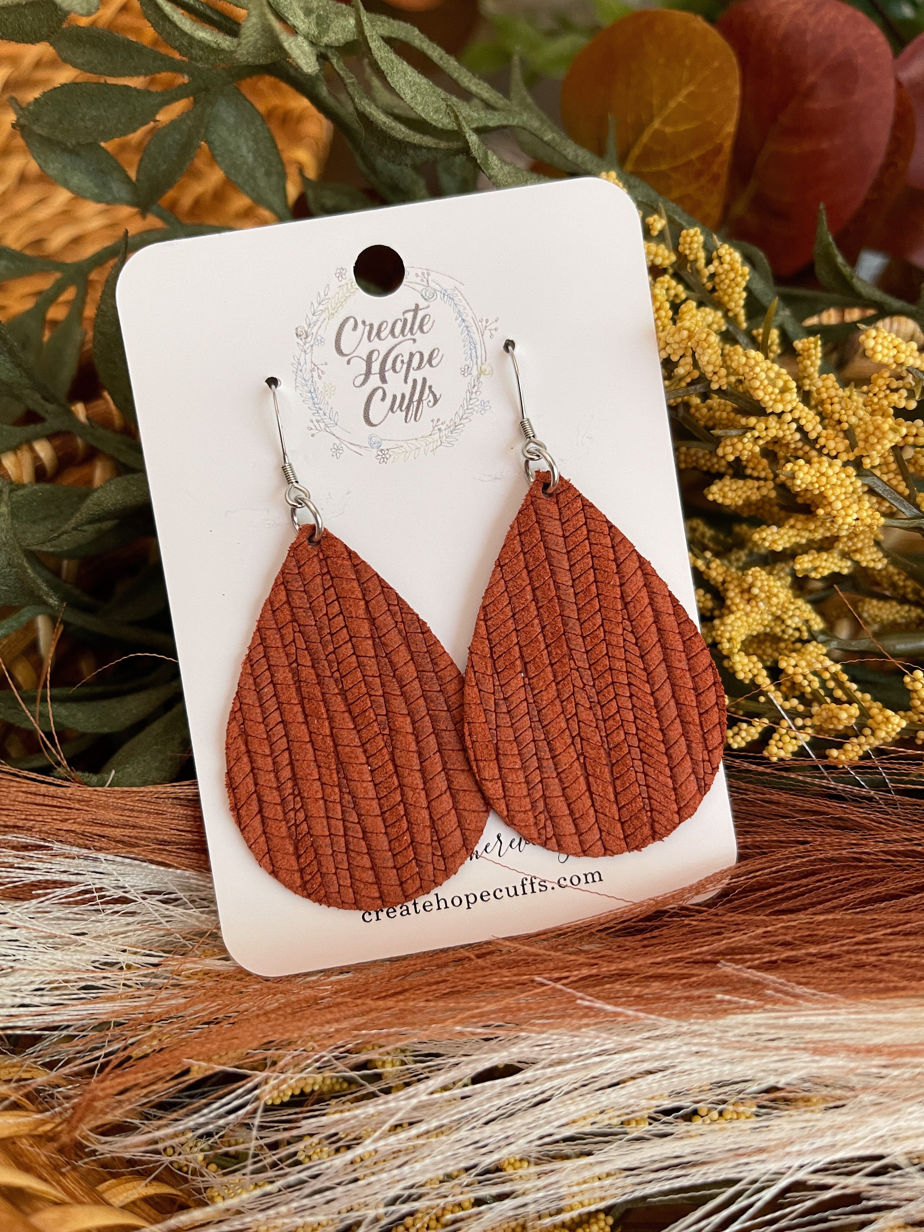 Textured Teardrop Leather Earrings | 14 Colors | Hypoallergenic Leather Earrings Create Hope Cuffs 