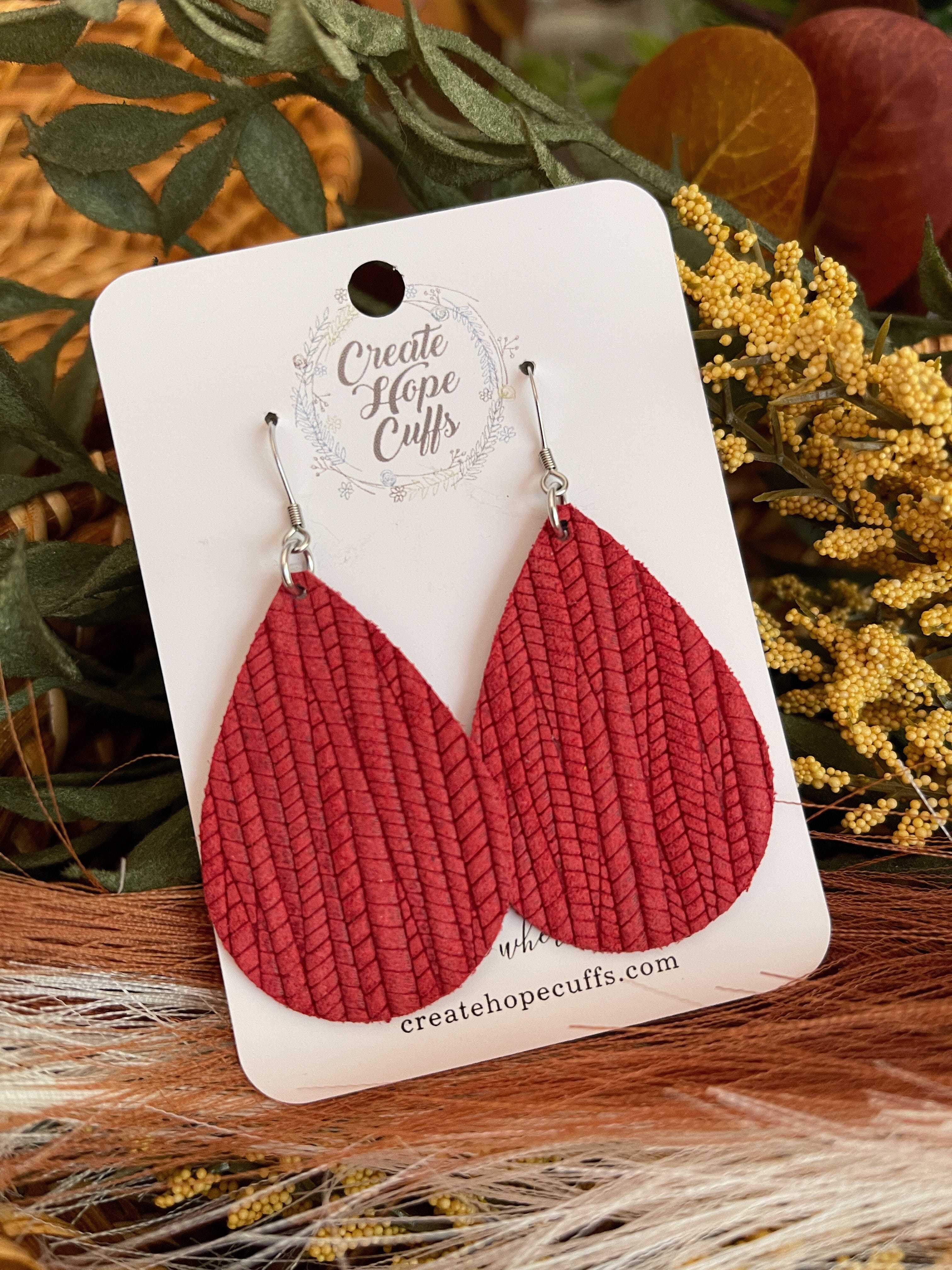 Textured Teardrop Leather Earrings | 14 Colors | Hypoallergenic Leather Earrings Create Hope Cuffs