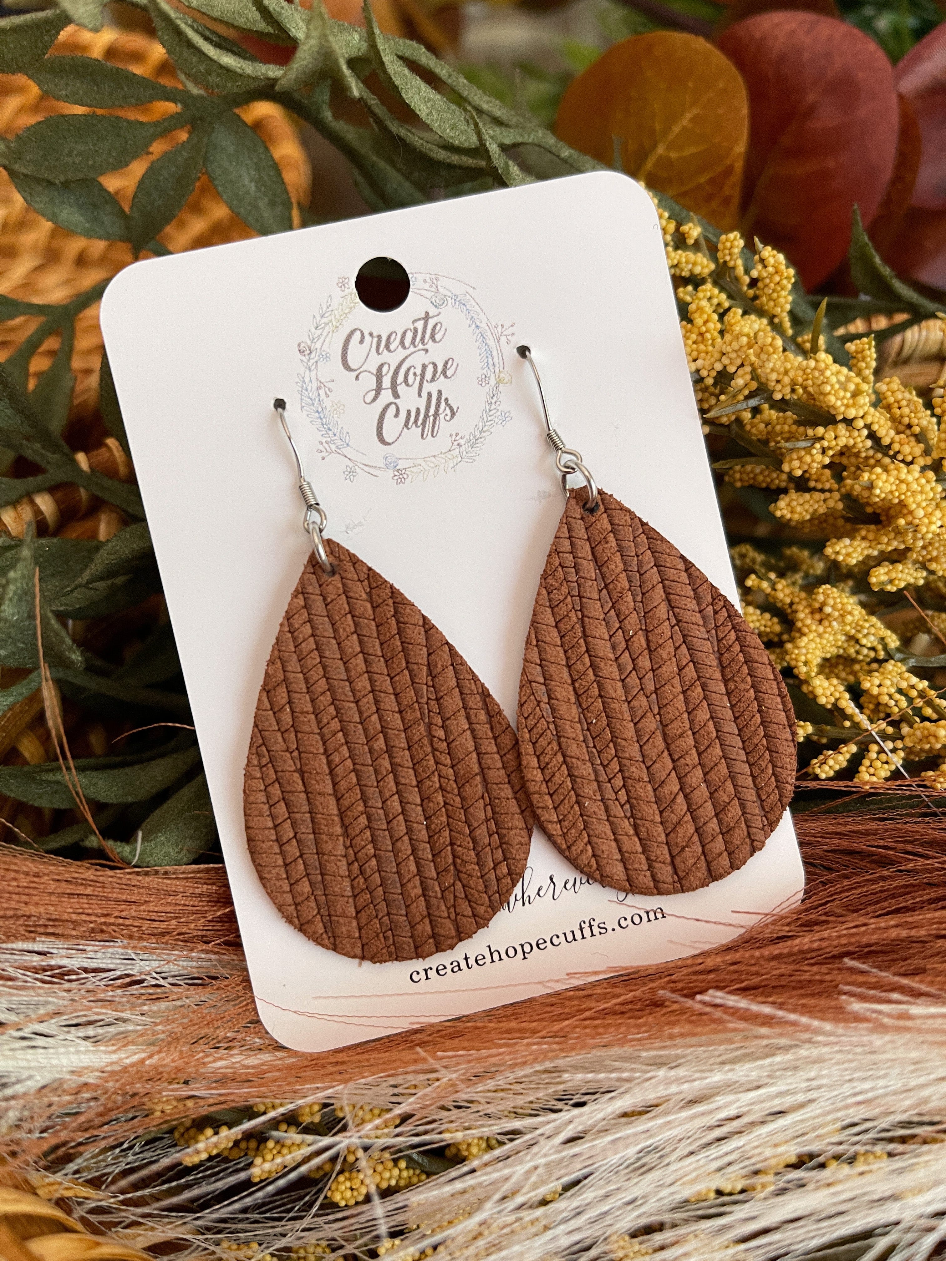 Textured Teardrop Leather Earrings | 14 Colors | Hypoallergenic Leather Earrings Create Hope Cuffs