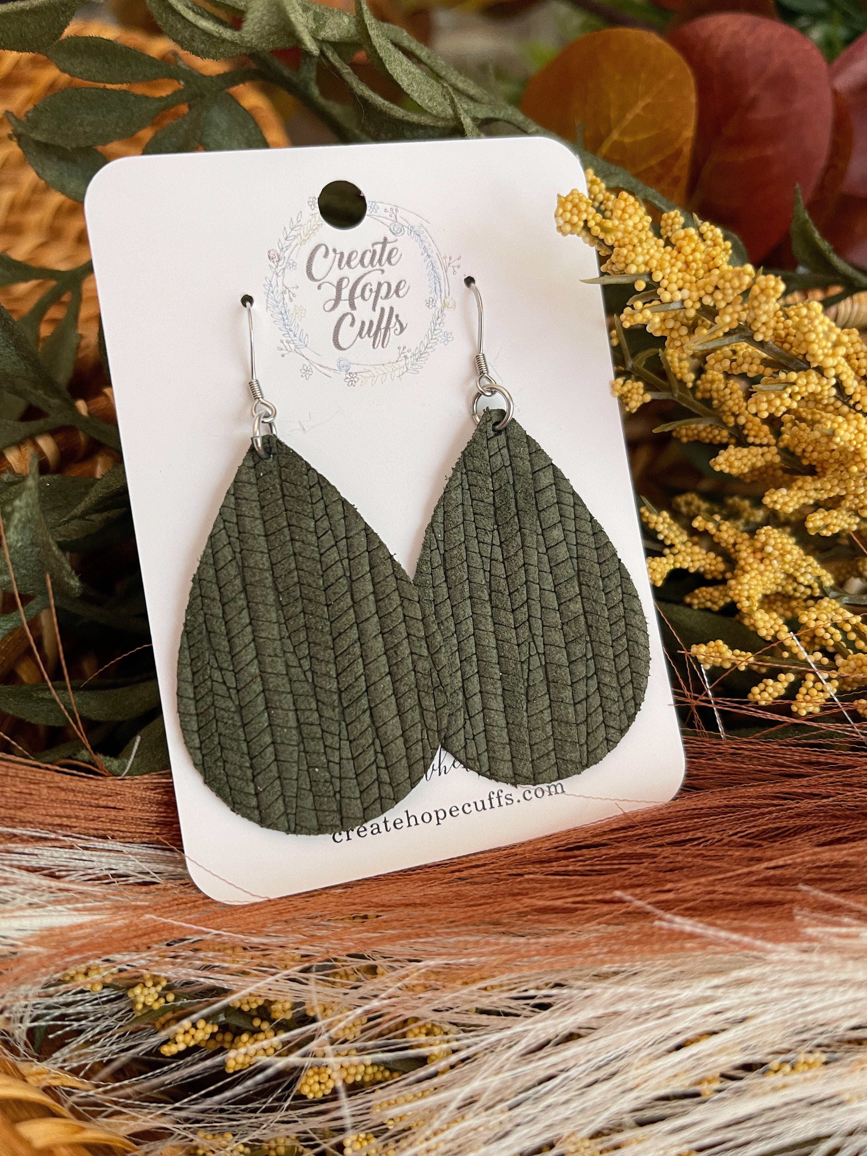 Textured Teardrop Leather Earrings | 14 Colors | Hypoallergenic Leather Earrings Create Hope Cuffs 