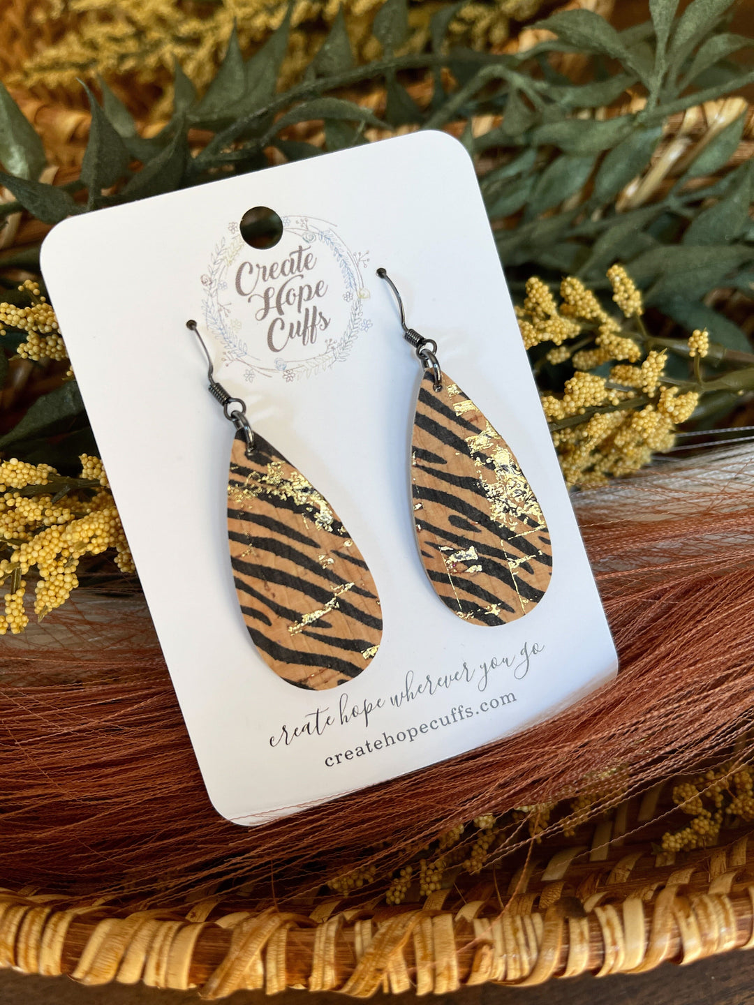 Tiger Stripe | Thin Teardrop Leather Earrings | Hypoallergenic | Women Leather Earrings Create Hope Cuffs