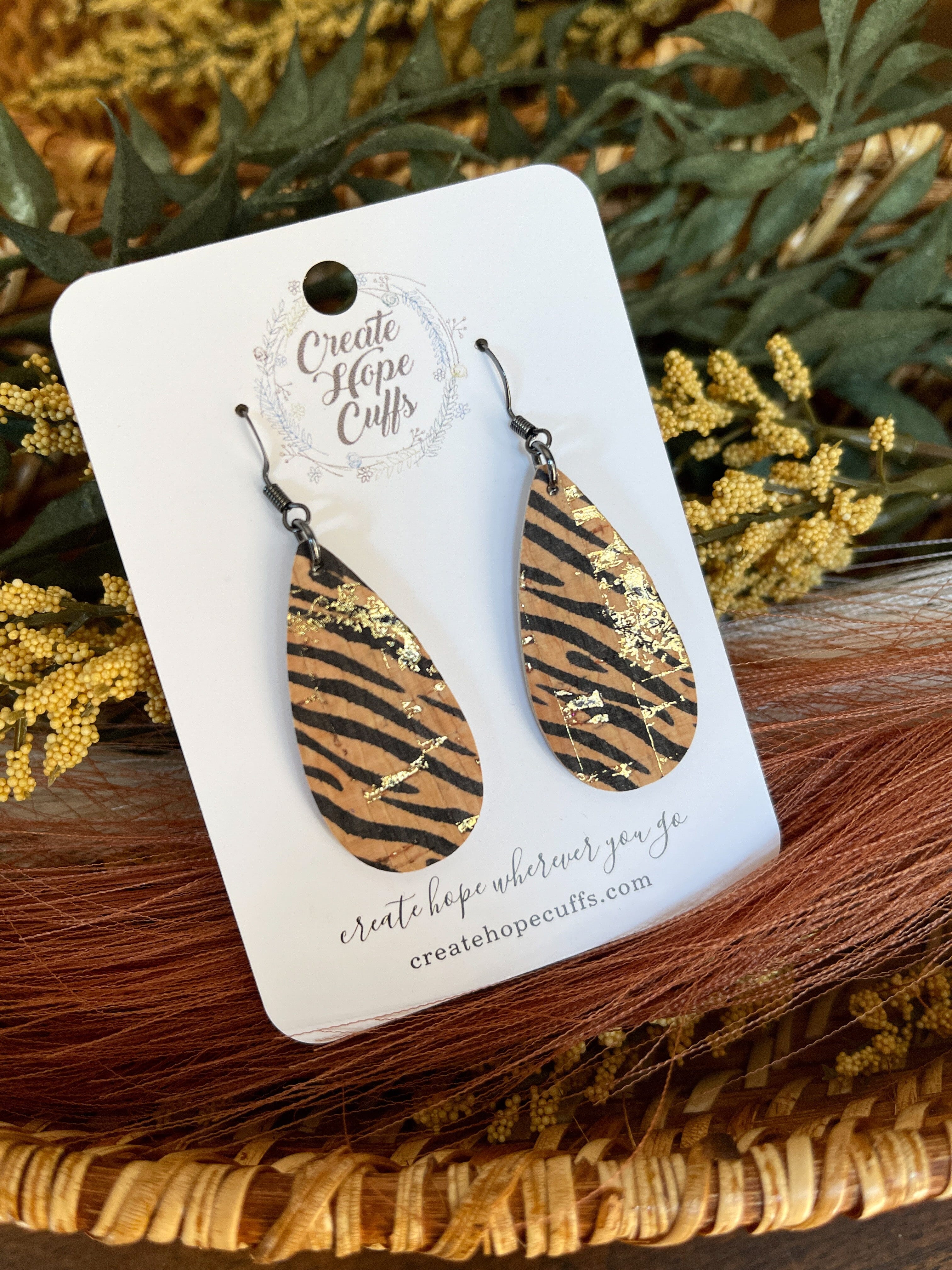 Tiger Stripe | Thin Teardrop Leather Earrings | Hypoallergenic | Women Leather Earrings Create Hope Cuffs