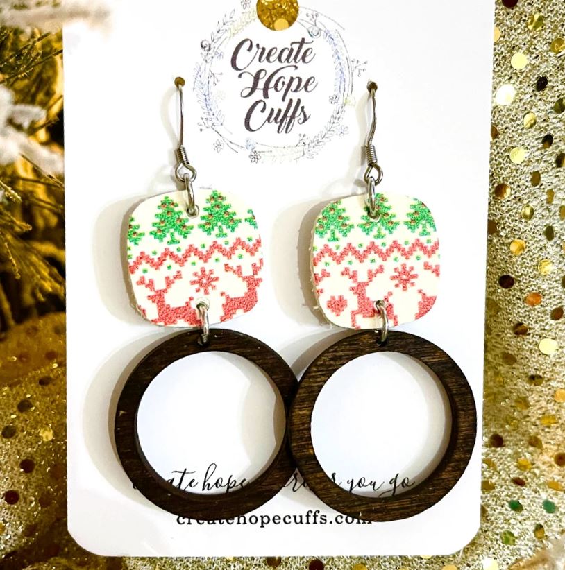 Ugly Sweater Stack | 2.5" Wood and Leather Earrings | Hypoallergenic | Women Leather Earrings Create Hope Cuffs