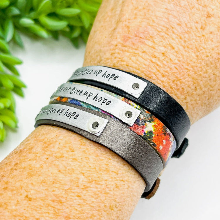 2022 B the Light Skinny Leather Bracelets | 3 Styles | Offering Hope to Breast Cancer Survivors Skinny Bracelets Create Hope Cuffs