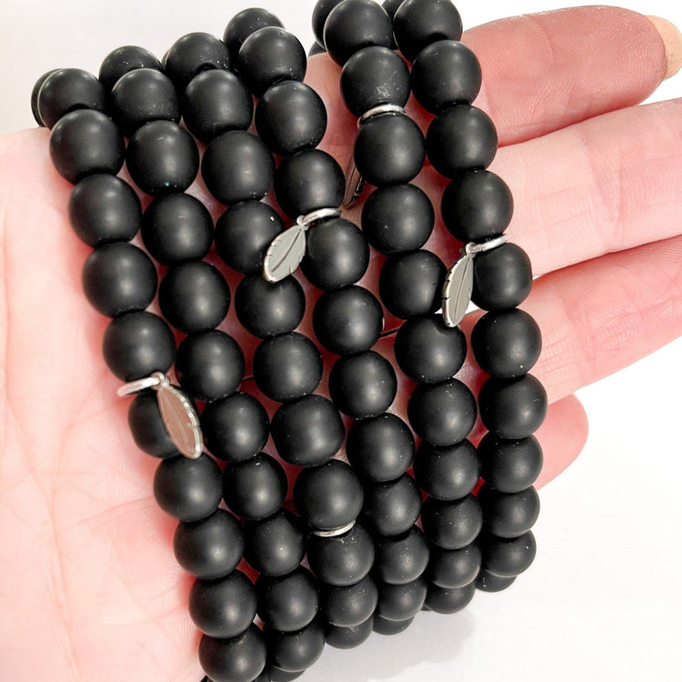 8mm Black Onyx Bead Bracelet | Tiny Feather Charm |8mm | Natural Gemstone | Womens Bracelets Create Hope Cuffs