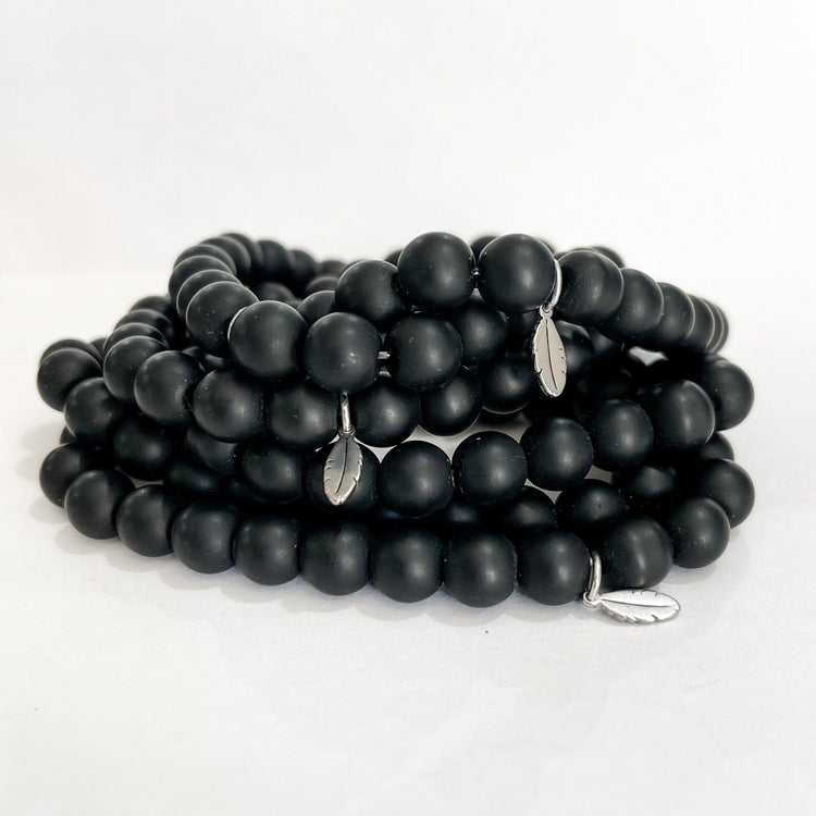 8mm Black Onyx Bead Bracelet | Tiny Feather Charm |8mm | Natural Gemstone | Womens Bracelets Create Hope Cuffs