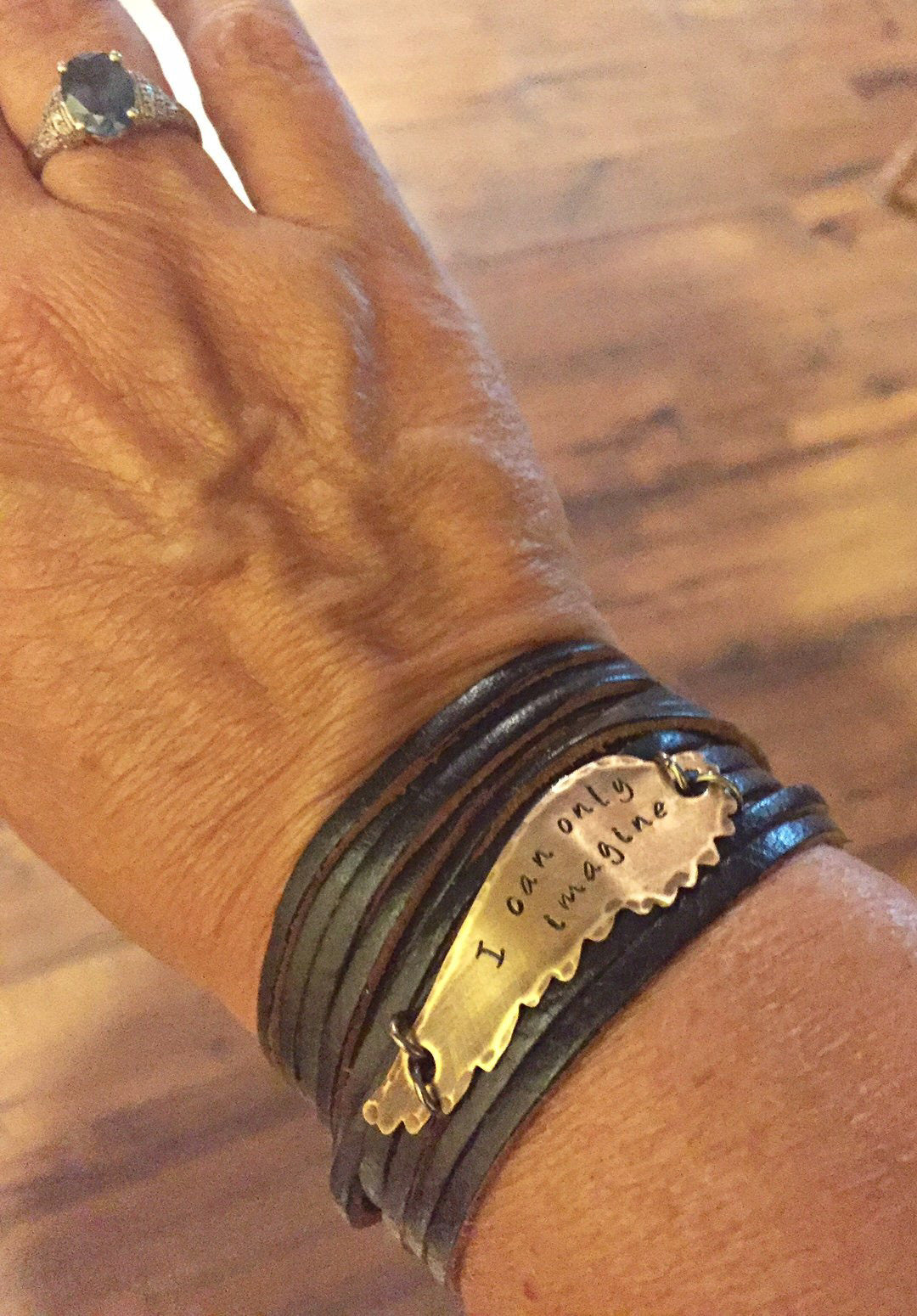 Adjustable Black Leather Wrap & Bronze Wing Bracelet, 4 phrases Leather Wrap Create Hope Cuffs
