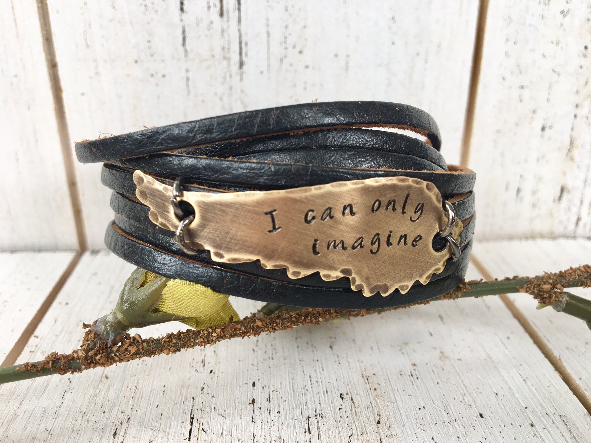 Adjustable Black Leather Wrap & Bronze Wing Bracelet, 4 phrases Leather Wrap Create Hope Cuffs I can only imagine