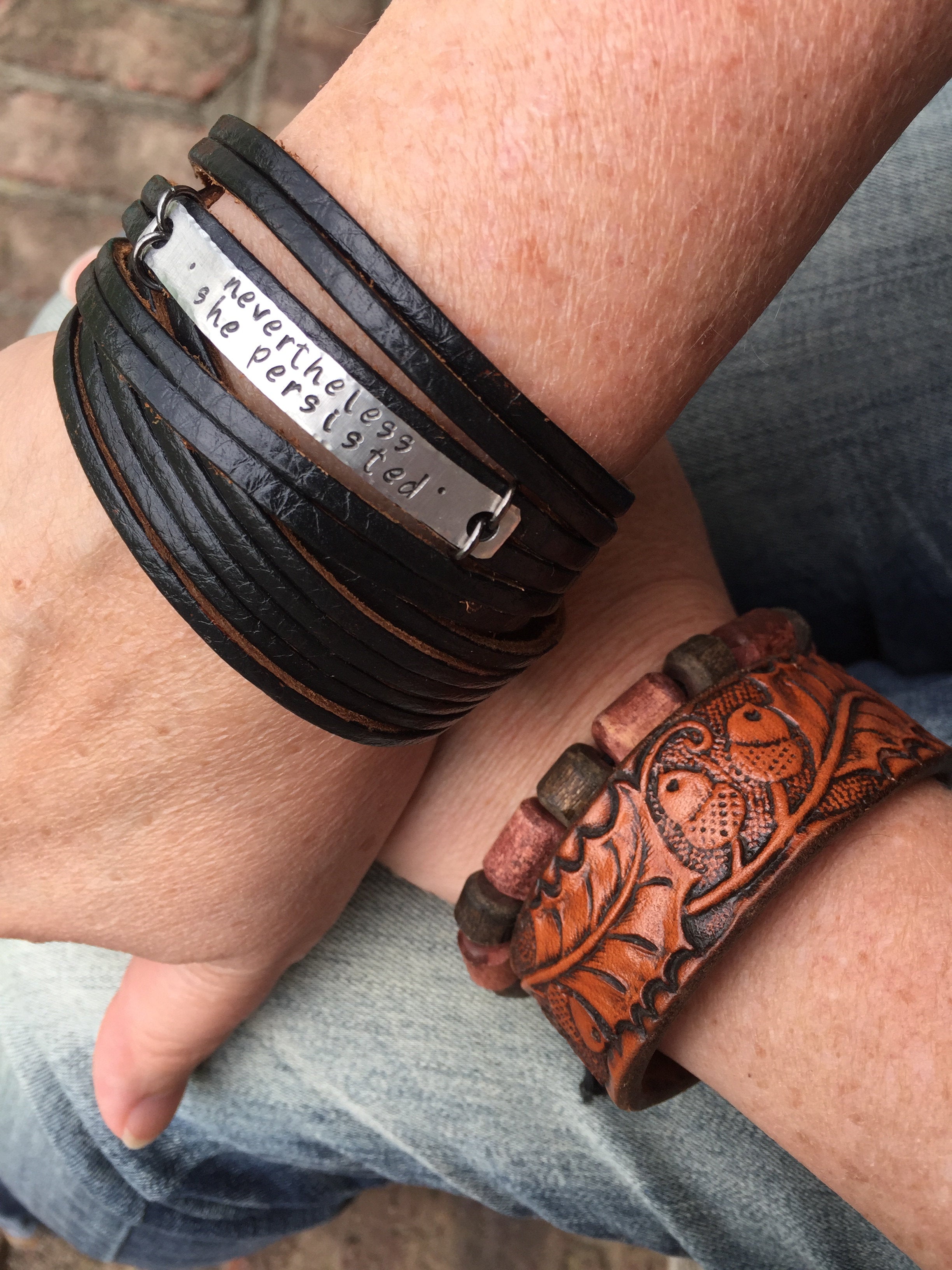 Adjustable JUST BREATHE Brass Bar Black Shredded Leather Double Wrap Bracelet Leather Wrap Create Hope Cuffs 