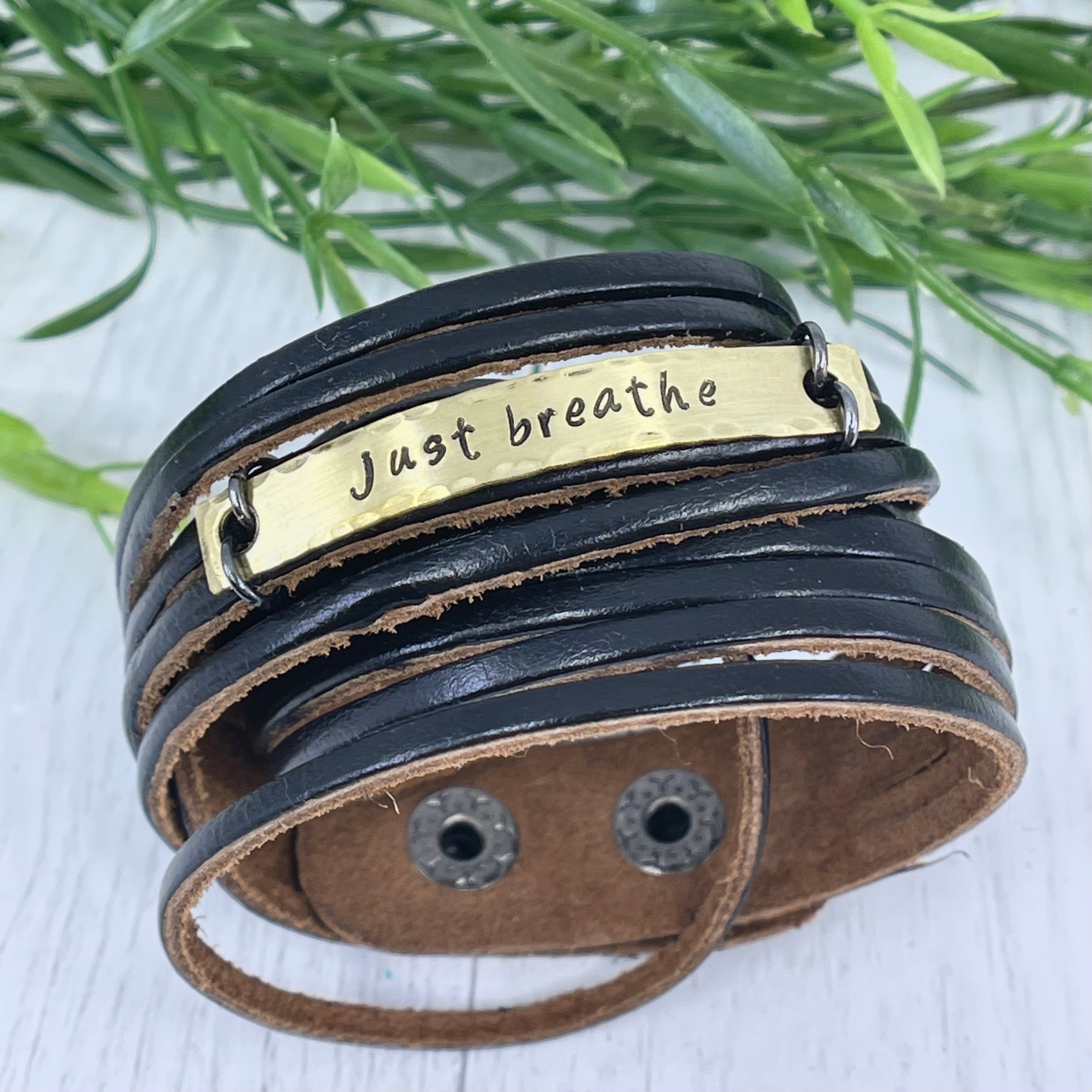 Adjustable JUST BREATHE Brass Bar Black Shredded Leather Double Wrap Bracelet Leather Wrap Create Hope Cuffs