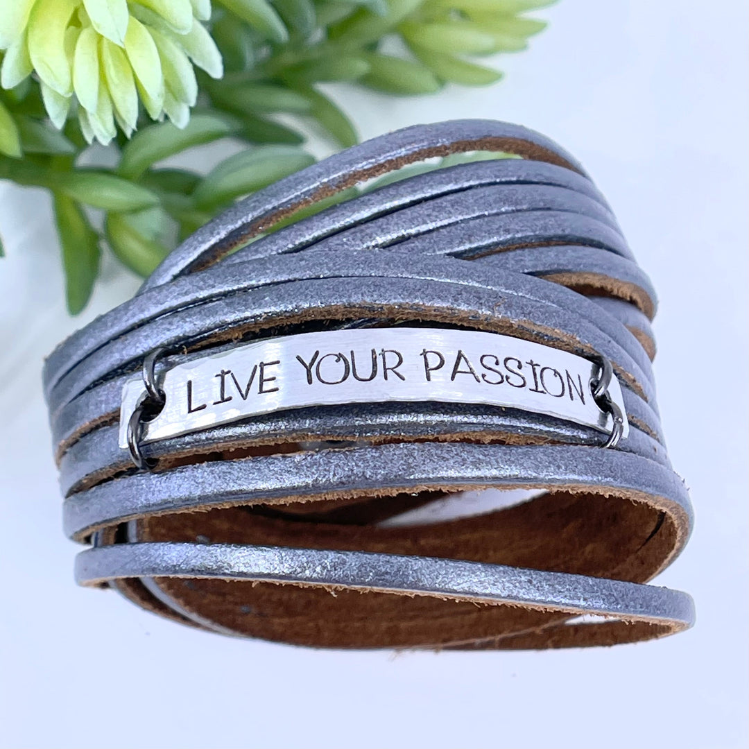 Adjustable LIVE YOUR PASSION Metallic Pewter Leather & Double Wrap Bracelet Leather Wrap Create Hope Cuffs