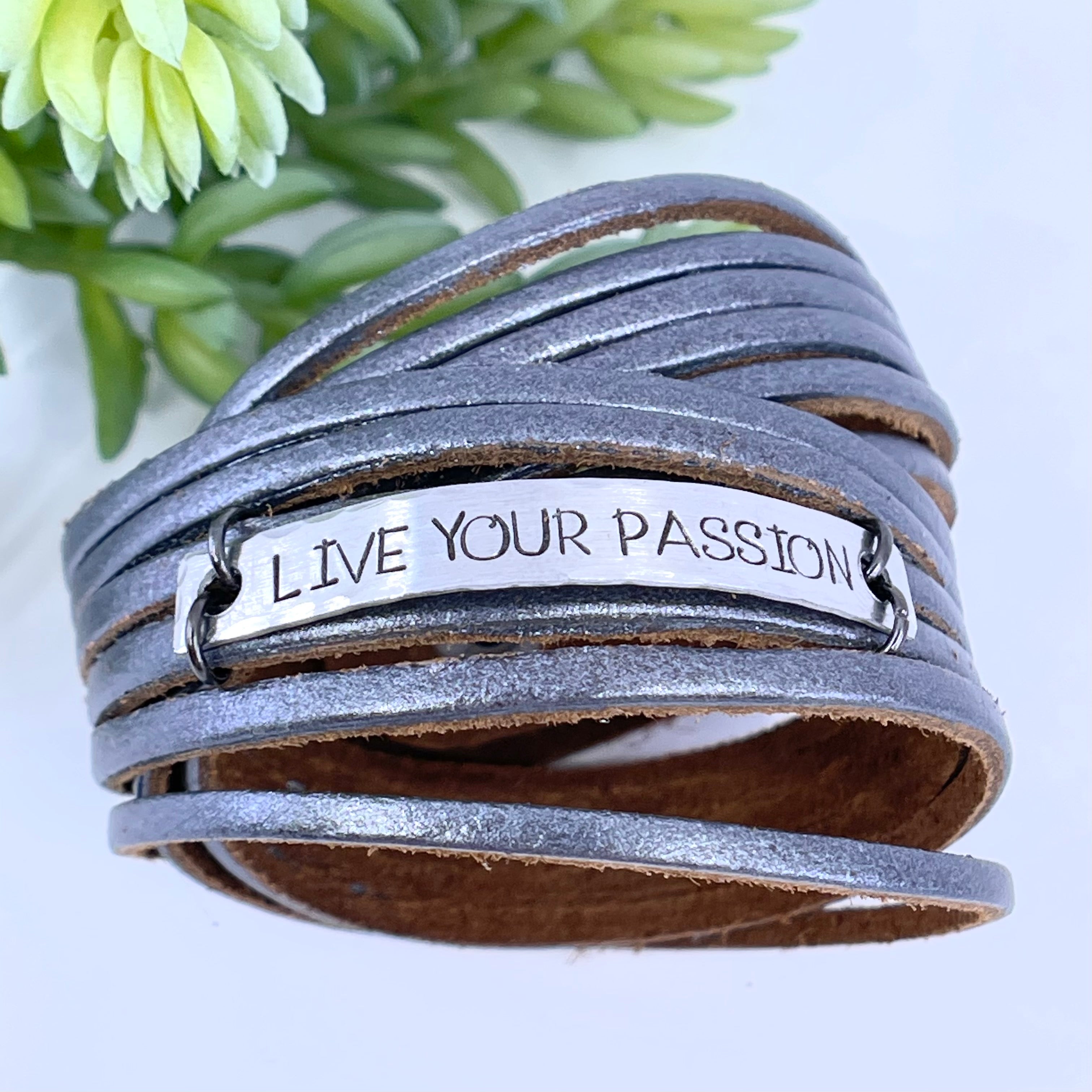 Adjustable LIVE YOUR PASSION Metallic Pewter Leather & Double Wrap Bracelet Leather Wrap Create Hope Cuffs