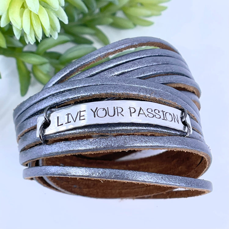 Adjustable LIVE YOUR PASSION Metallic Pewter Leather & Double Wrap Bracelet Leather Wrap Create Hope Cuffs